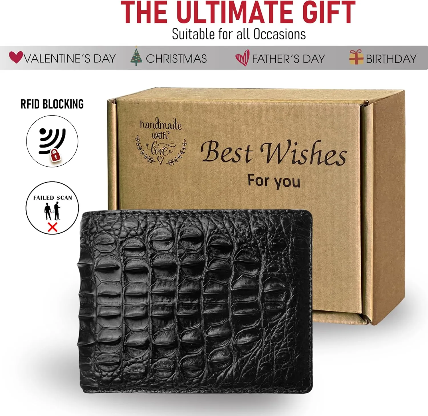 Black Mens Alligator Hornback Leather Billfold Wallet Crocodile Passcase Bifold Luxury Wallet Multiple RFID Blocking Security Handmade Exotic Leather With Flip-out ID Window Gift Men VINAM-98
