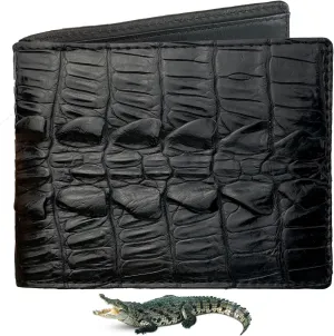 Black Mens Alligator Tail Leather Billfold Wallet Crocodile Passcase Bifold Luxury Wallet Multiple RFID Blocking Security Handmade Exotic Leather With Flip-out ID Window Gift Men