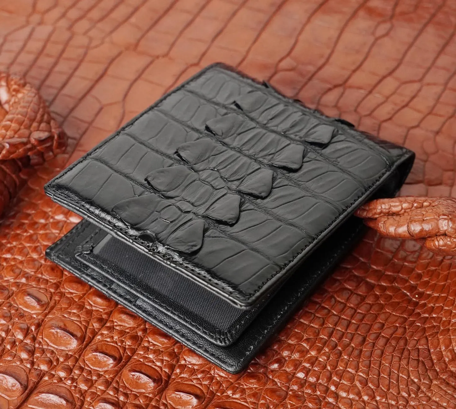 Black Mens Alligator Tail Leather Billfold Wallet Crocodile Passcase Bifold Luxury Wallet Multiple RFID Blocking Security Handmade Exotic Leather With Flip-out ID Window Gift Men