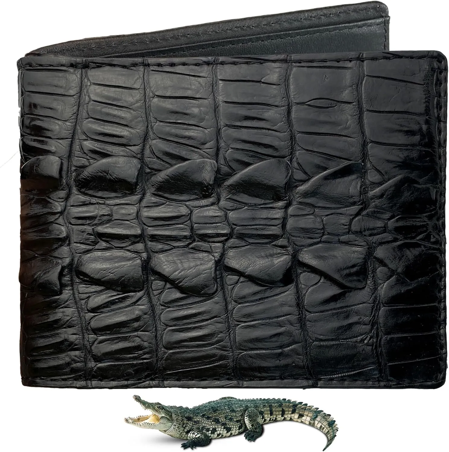 Black Mens Alligator Tail Leather Billfold Wallet Crocodile Passcase Bifold Luxury Wallet Multiple RFID Blocking Security Handmade Exotic Leather With Flip-out ID Window Gift Men