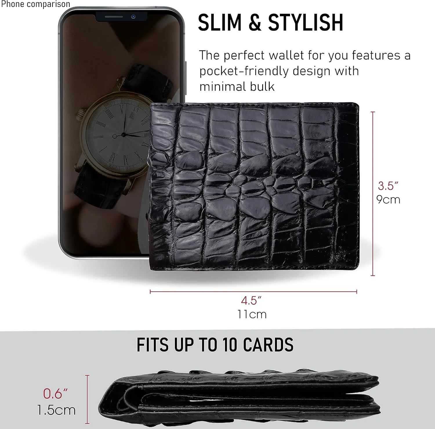 Black Mens Alligator Tail Leather Billfold Wallet Crocodile Passcase Bifold Luxury Wallet Multiple RFID Blocking Security Handmade Exotic Leather With Flip-out ID Window Gift Men