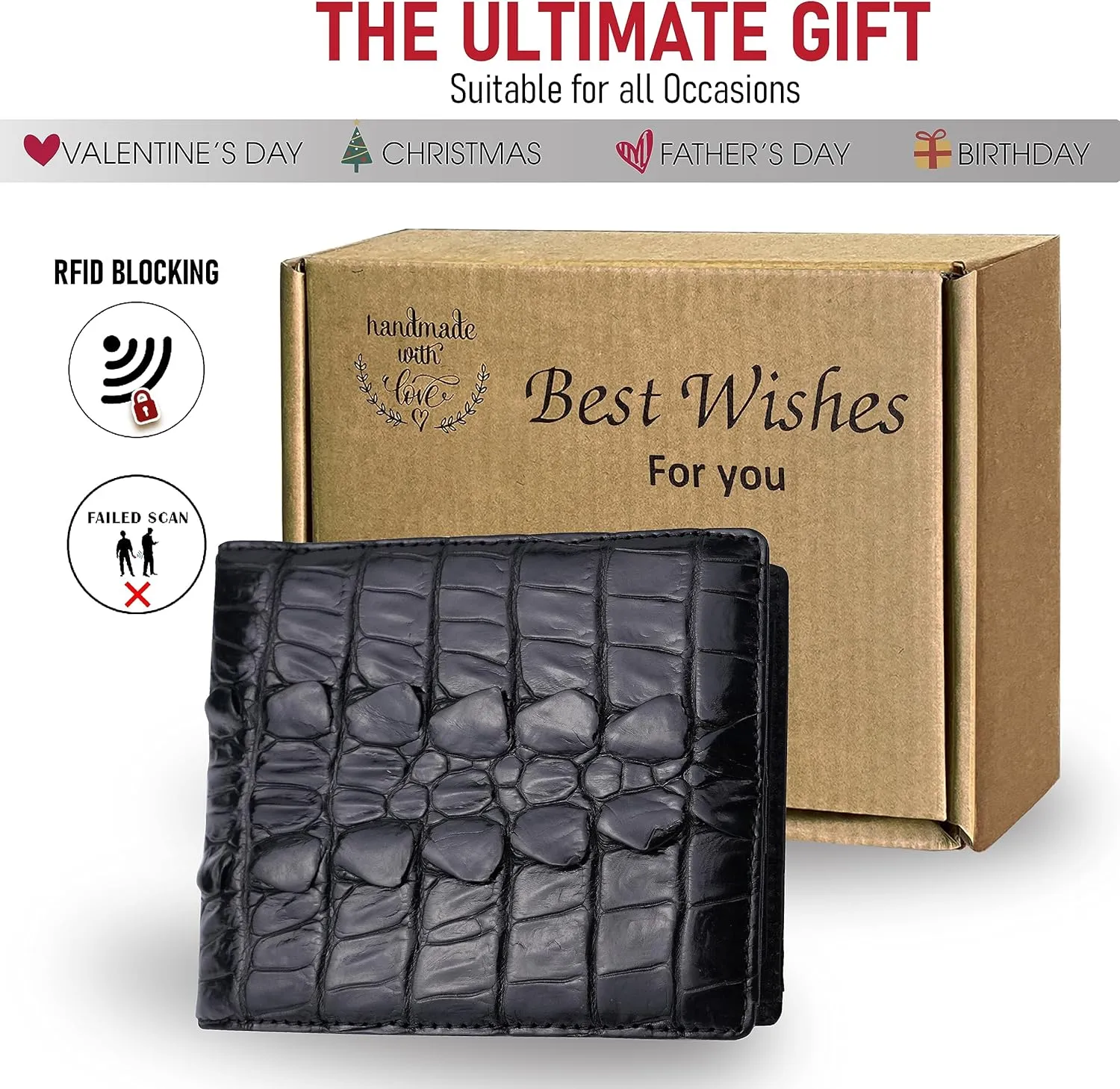 Black Mens Alligator Tail Leather Billfold Wallet Crocodile Passcase Bifold Luxury Wallet Multiple RFID Blocking Security Handmade Exotic Leather With Flip-out ID Window Gift Men