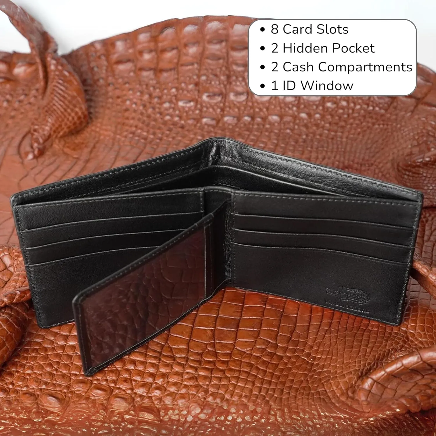 Black Mens Alligator Tail Leather Billfold Wallet Crocodile Passcase Bifold Luxury Wallet Multiple RFID Blocking Security Handmade Exotic Leather With Flip-out ID Window Gift Men