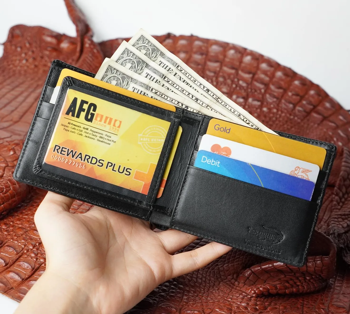 Black Mens Alligator Tail Leather Billfold Wallet Crocodile Passcase Bifold Luxury Wallet Multiple RFID Blocking Security Handmade Exotic Leather With Flip-out ID Window Gift Men