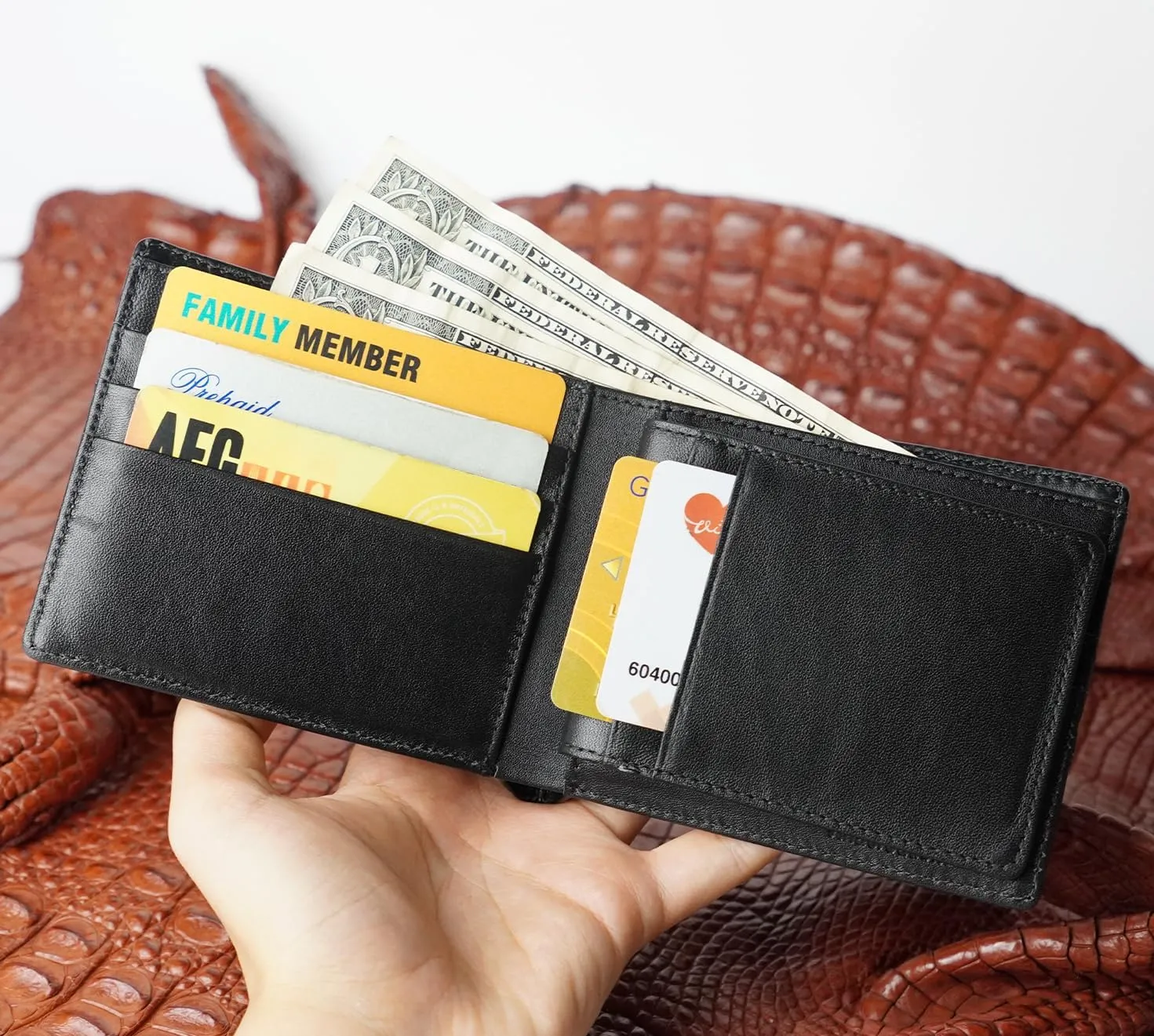 Black Mens Alligator Tail Leather Billfold Wallet Crocodile Passcase Bifold Luxury Wallet Multiple RFID Blocking Security Handmade Exotic Leather With Flip-out ID Window Gift Men