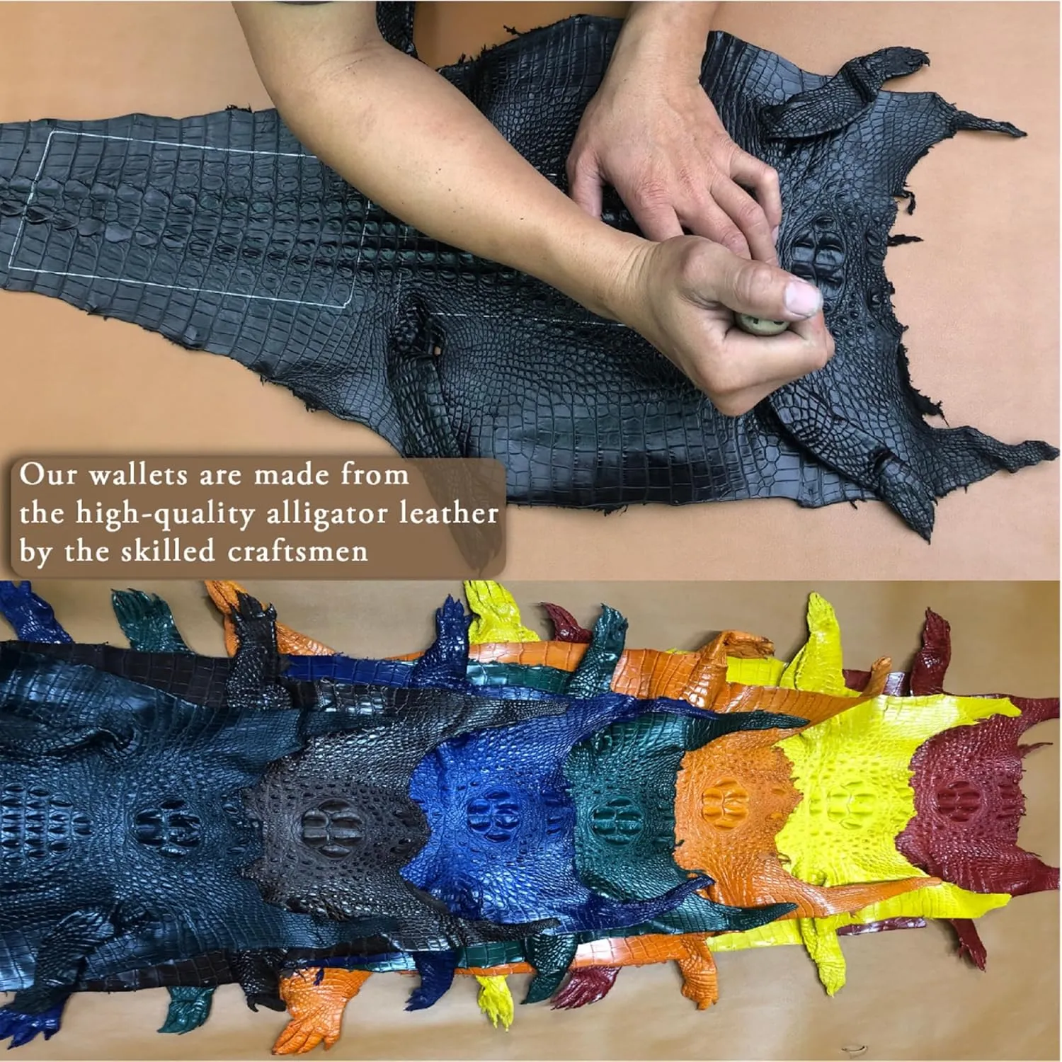 Black Mens Alligator Tail Leather Billfold Wallet Crocodile Passcase Bifold Luxury Wallet Multiple RFID Blocking Security Handmade Exotic Leather With Flip-out ID Window Gift Men