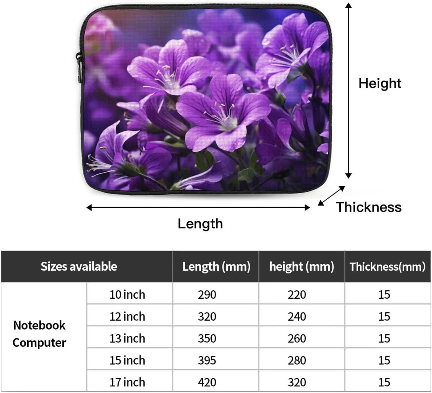 Blooming Purple Flowers Pattern Shockproof Portable Laptop 13 inch Sleeve Bag for Men and Women - Ideal for Business Travel, School, and Daily Use