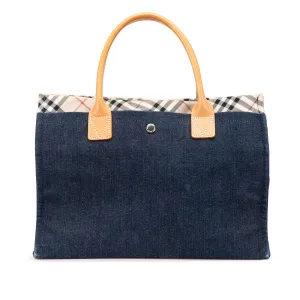 Blue Burberry Nova Check Trimmed Denim Tote