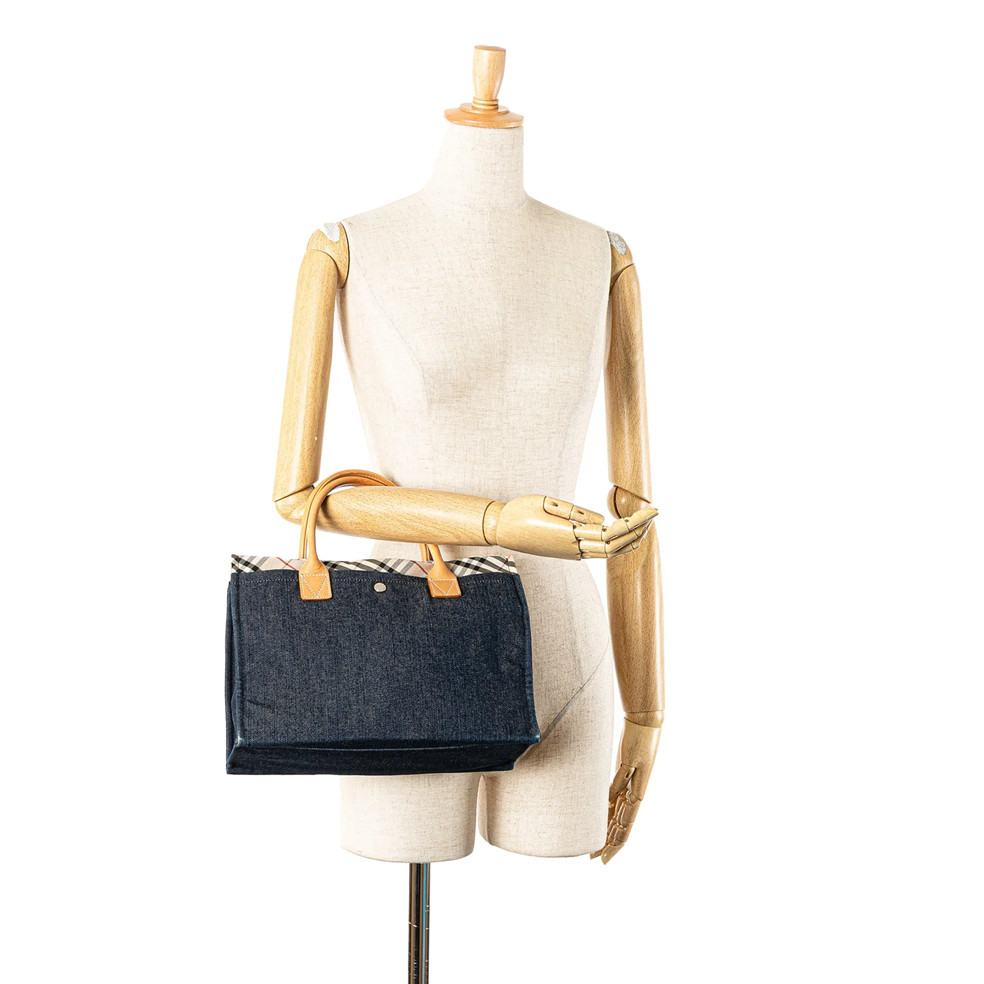 Blue Burberry Nova Check Trimmed Denim Tote