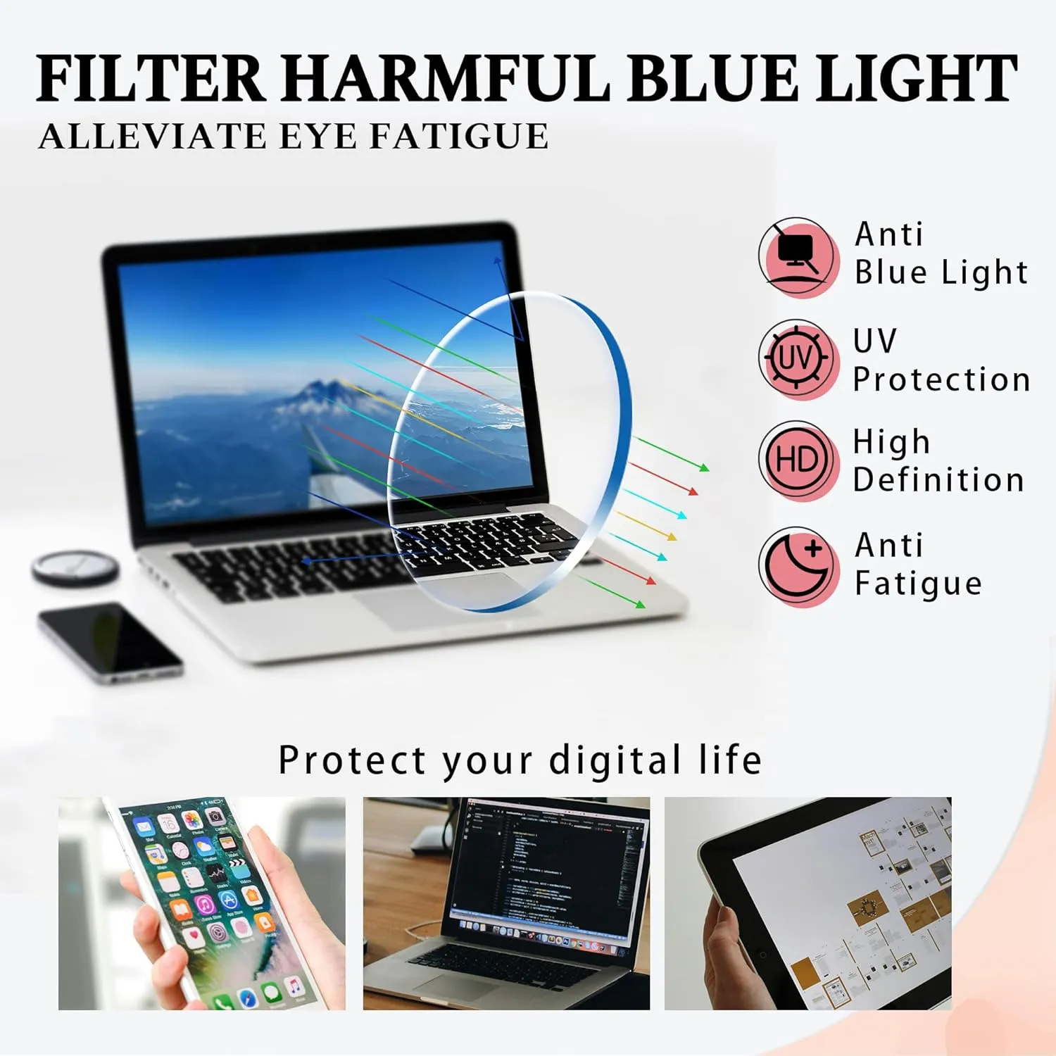 Blue Light Blocking Glasses for Women Men, Round Computer Gaming Eyeglasses Anti Eyestrain & UV Glare RF6213 (Black Circle Frame)