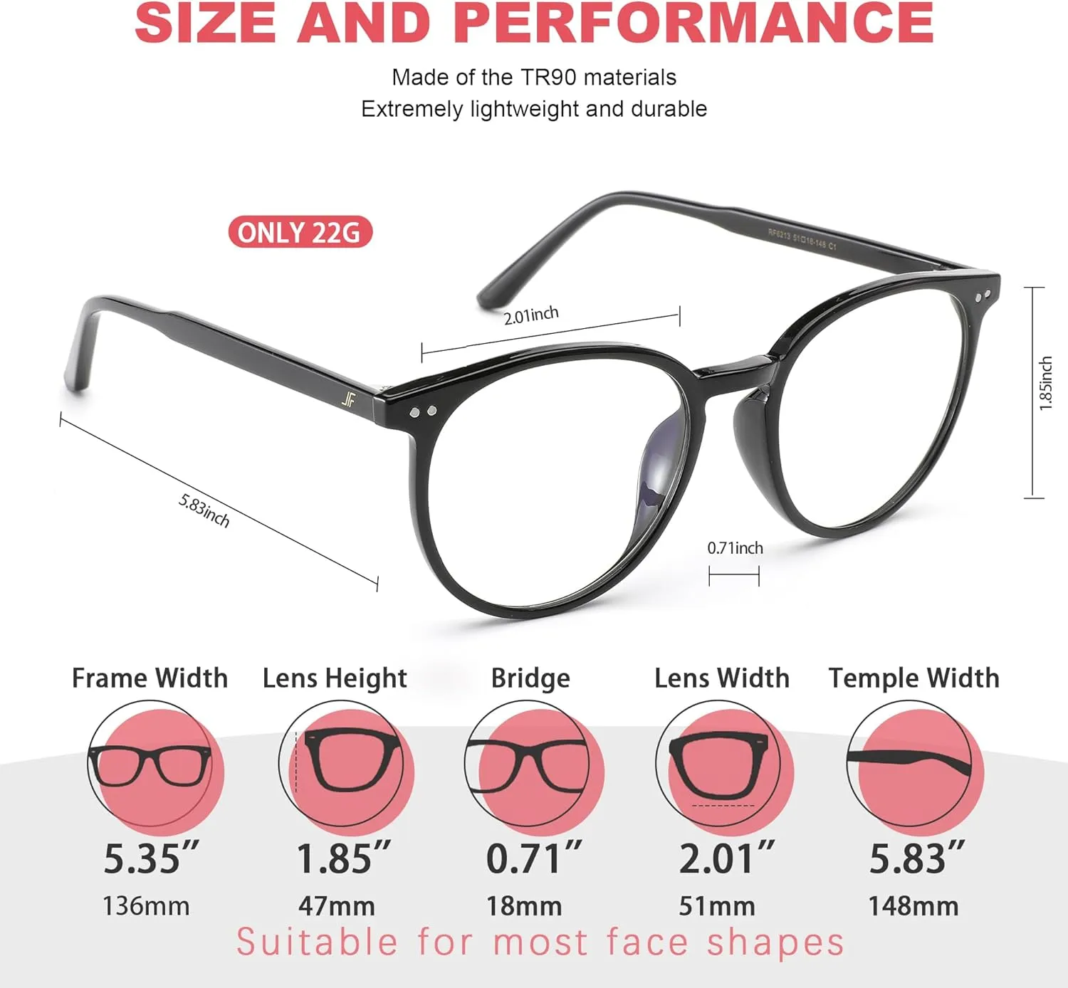 Blue Light Blocking Glasses for Women Men, Round Computer Gaming Eyeglasses Anti Eyestrain & UV Glare RF6213 (Black Circle Frame)