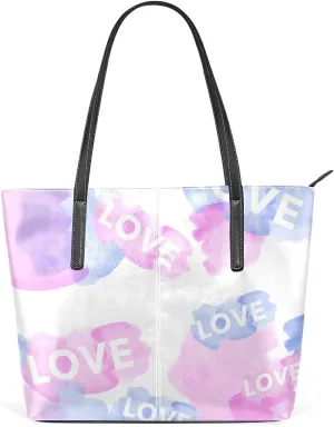Blue Pink Watercolor Text Love Tote Bag for Women Leather Shoulder Handbag with Zipper and Pockets Fashion Casual Handle Bag Purse for Travel Beach Working Laptop School Gym Shopping