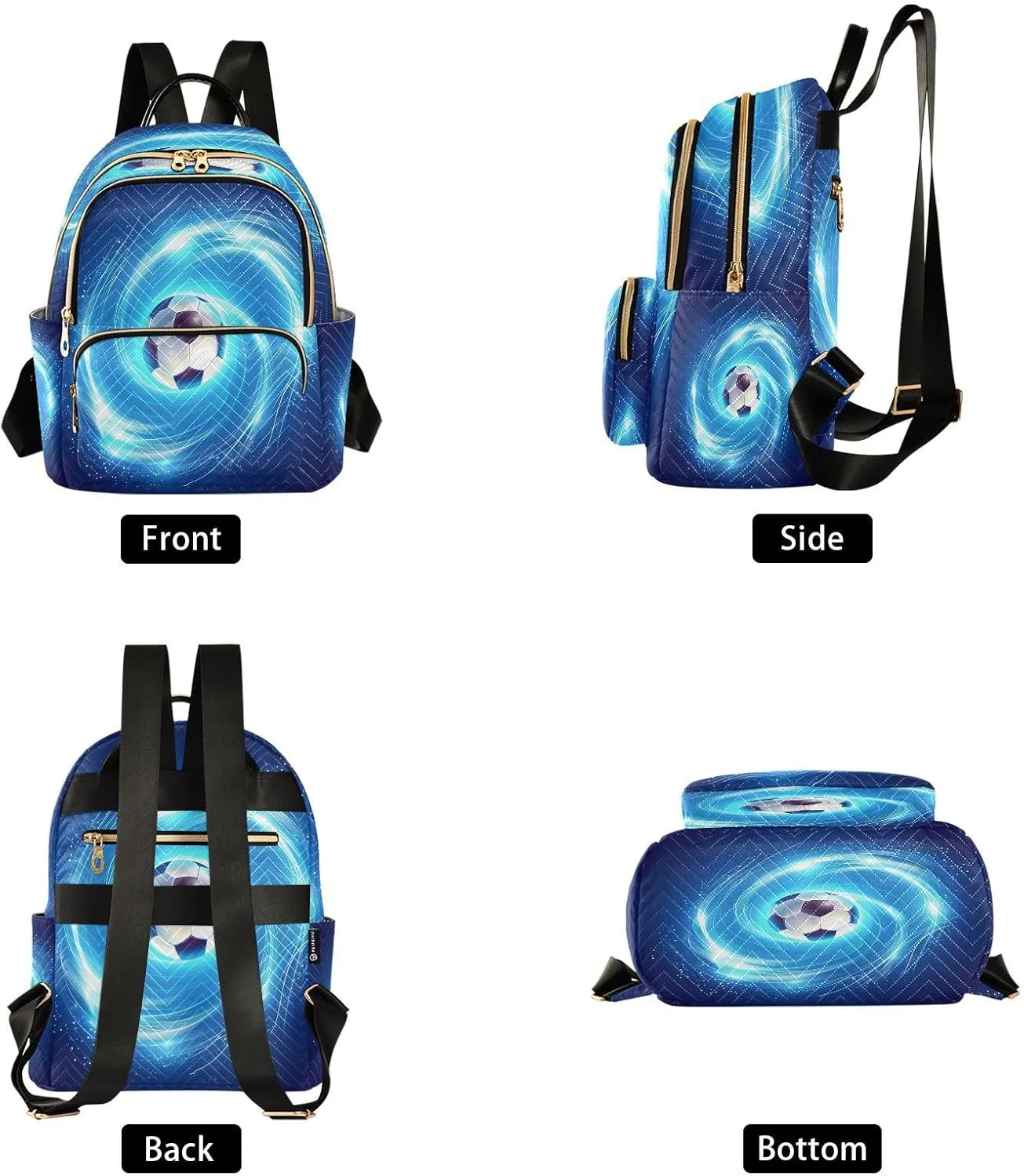 Blue Whirling Soccer Lighting Women Mini Backpack Purse Ladies Fashion Backpacks Casual Shoulder Bag Daypack for School Work Travel Medium