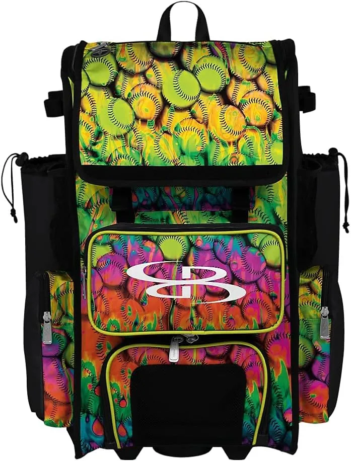 Boombah Rolling Superpack 2.0 Baseball/Softball Gear Bag - 23-1/2" x 13-1/2" x 9-1/2" - Softball Neon Ballpark Multi - Telescopic Handle - Holds 4 Bats - Wheeled Version