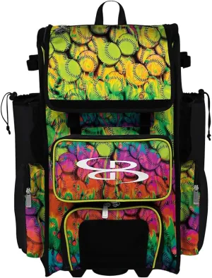 Boombah Rolling Superpack 2.0 Baseball/Softball Gear Bag - 23-1/2" x 13-1/2" x 9-1/2" - Softball Neon Ballpark Multi - Telescopic Handle - Holds 4 Bats - Wheeled Version