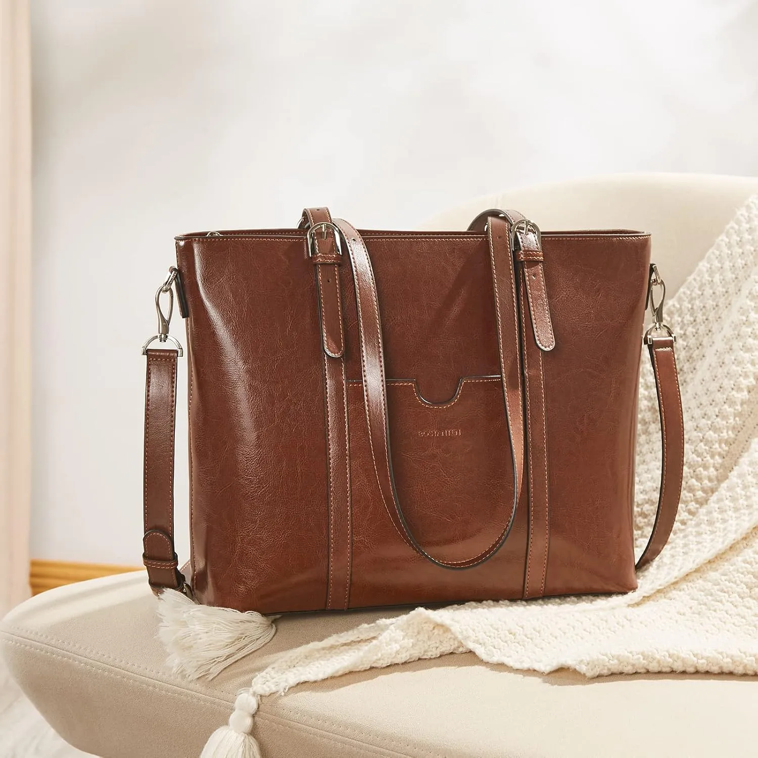 BOSTANTEN Womens Leather Laptop Tote Office Shoulder Handbag Vintage Briefcase 15.6 inch Computer Work Purse