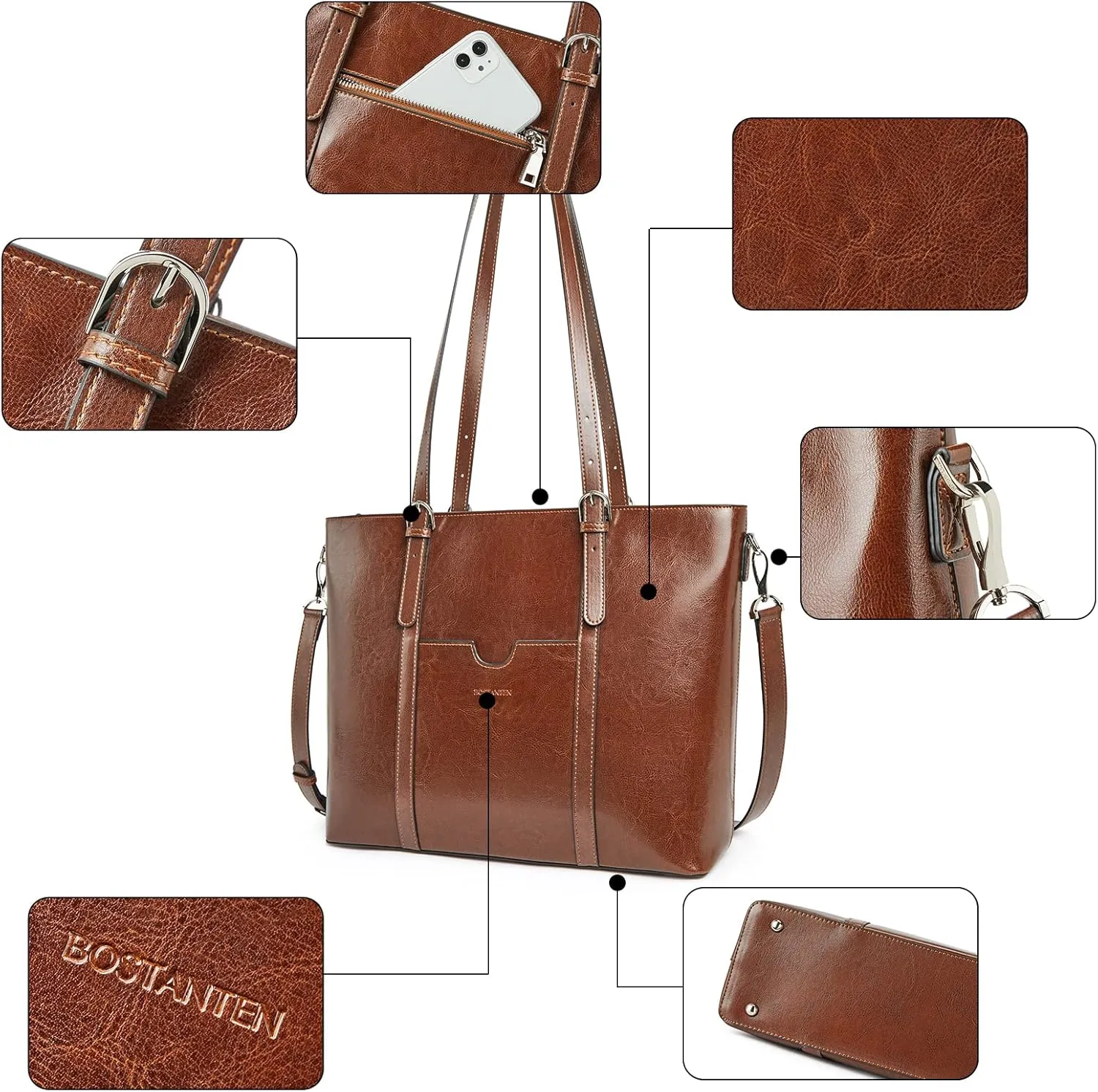 BOSTANTEN Womens Leather Laptop Tote Office Shoulder Handbag Vintage Briefcase 15.6 inch Computer Work Purse