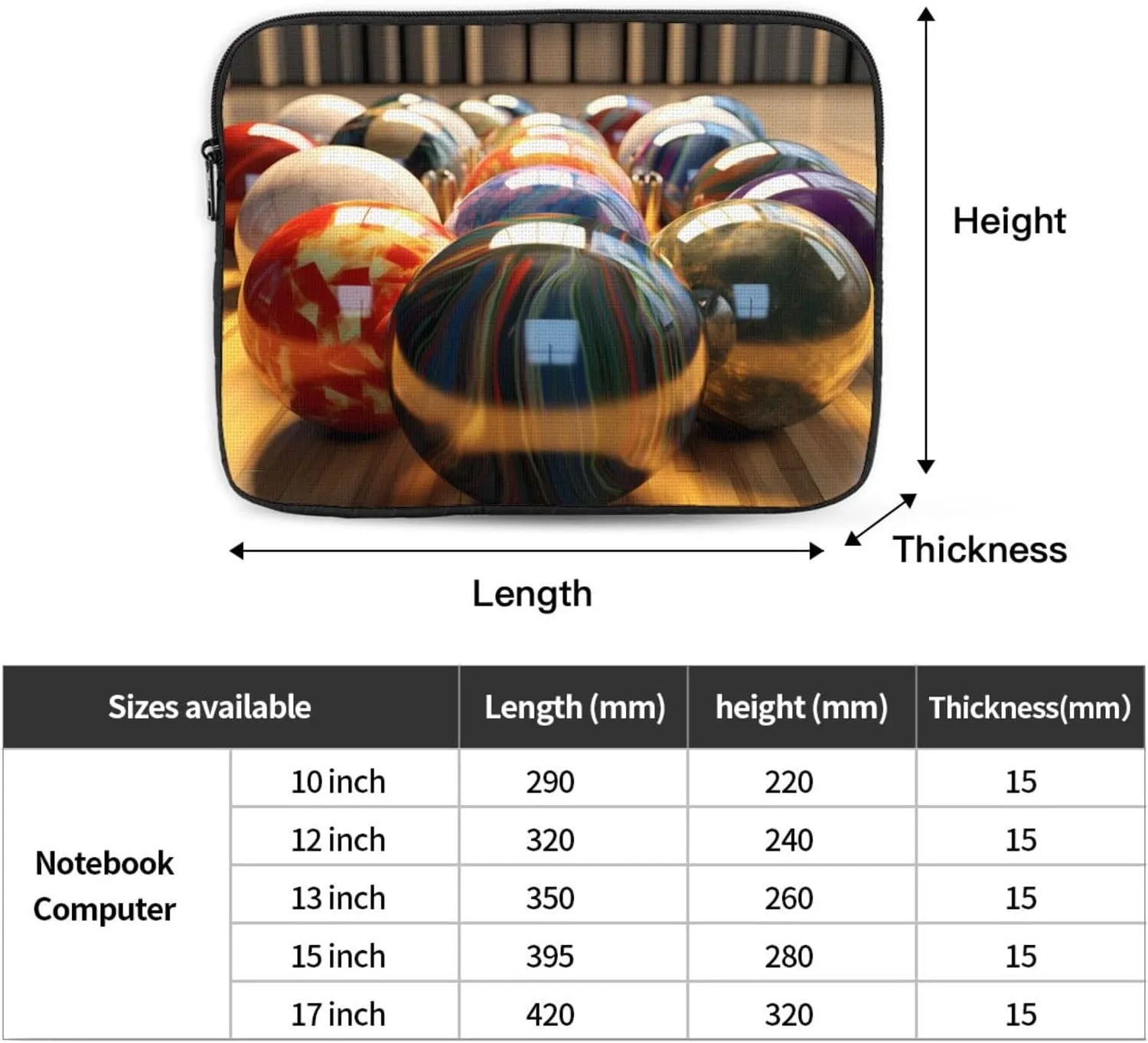 Bowling Balls Pattern Shockproof Portable Laptop 15 inch Sleeve Bag for Men and Women - Ideal for Business Travel, School, and Daily Use