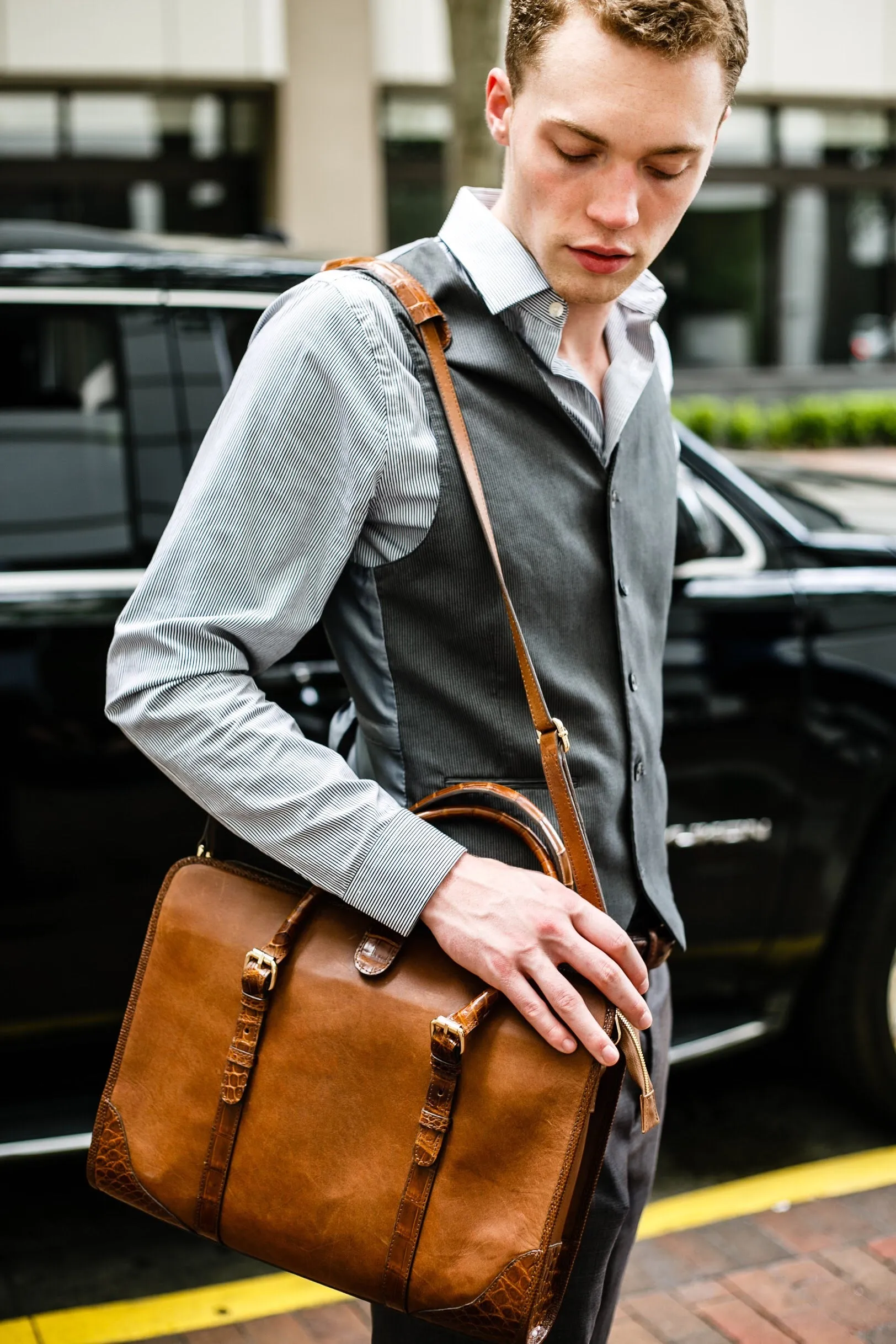 Briefcase - Leather trimmed in Crocodile