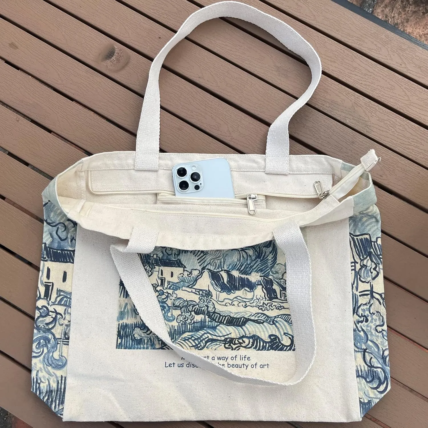 BROADREAM Canvas Tote Bag Aesthetic Shoulder Bag with Zippers and Interior Pocket