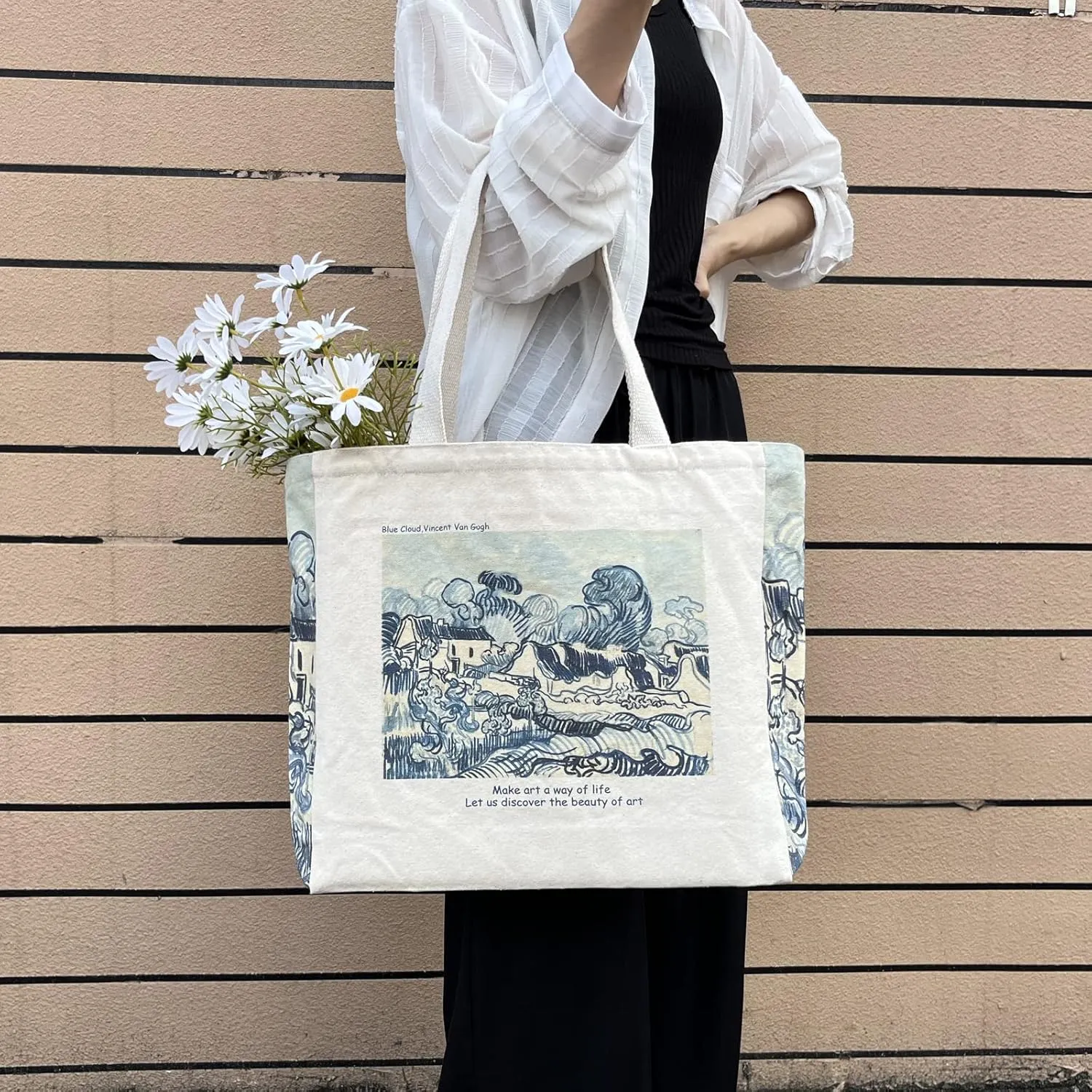 BROADREAM Canvas Tote Bag Aesthetic Shoulder Bag with Zippers and Interior Pocket