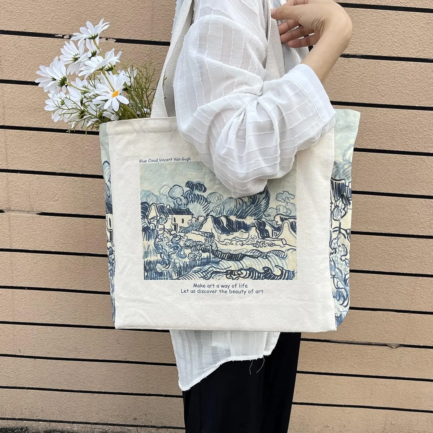 BROADREAM Canvas Tote Bag Aesthetic Shoulder Bag with Zippers and Interior Pocket