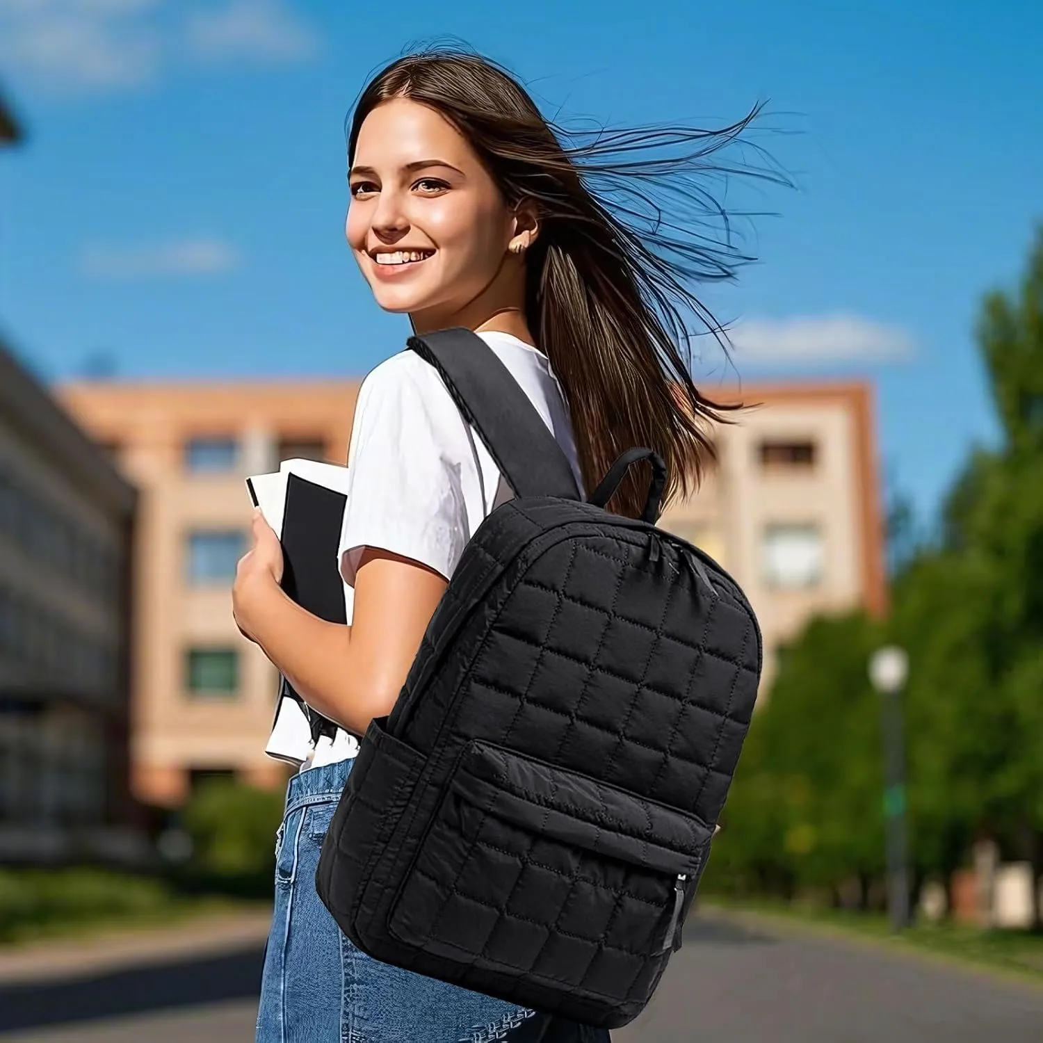 BTOOP Travel Backpack for Women Work Backpack Quilted College Backpacks for School Fit 15.6 Inch Laptop (Quilting-Black)