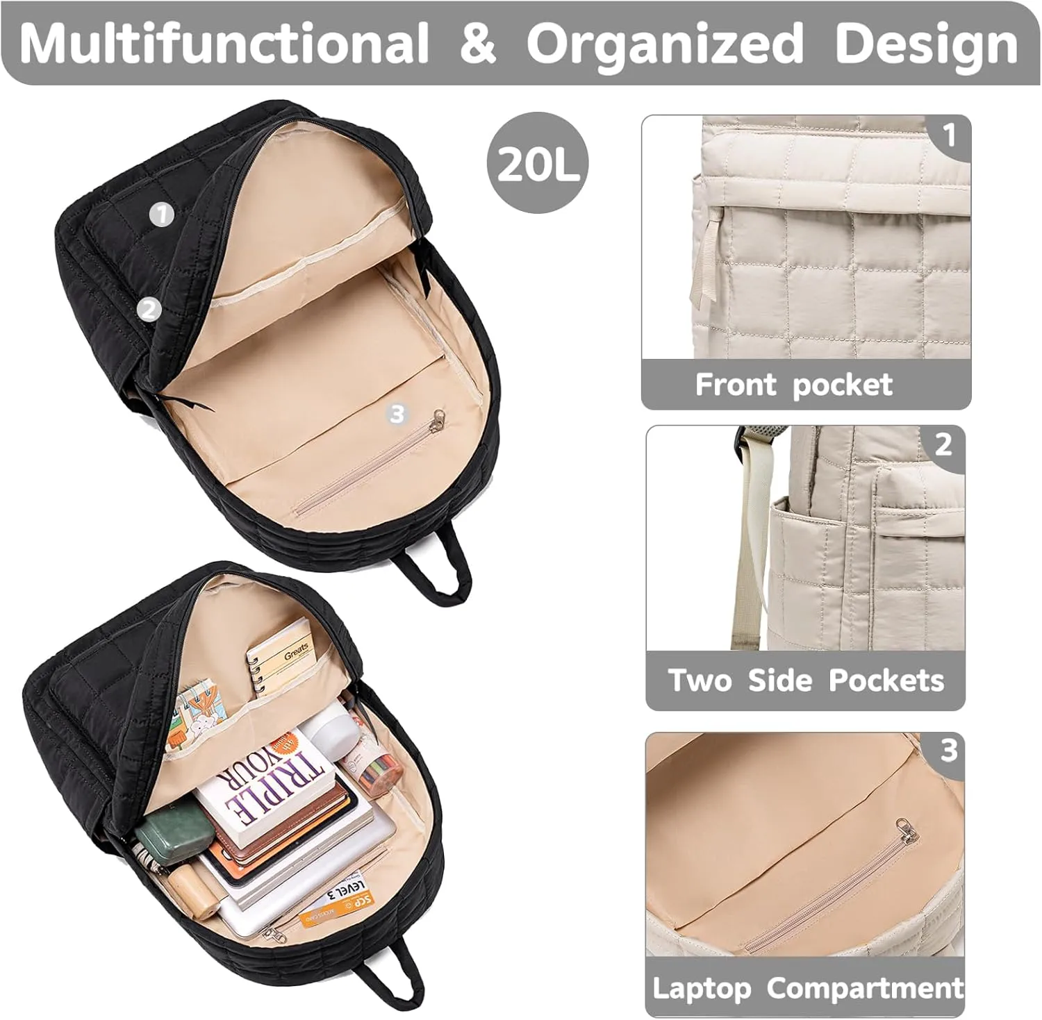 BTOOP Travel Backpack for Women Work Backpack Quilted College Backpacks for School Fit 15.6 Inch Laptop (Quilting-Black)
