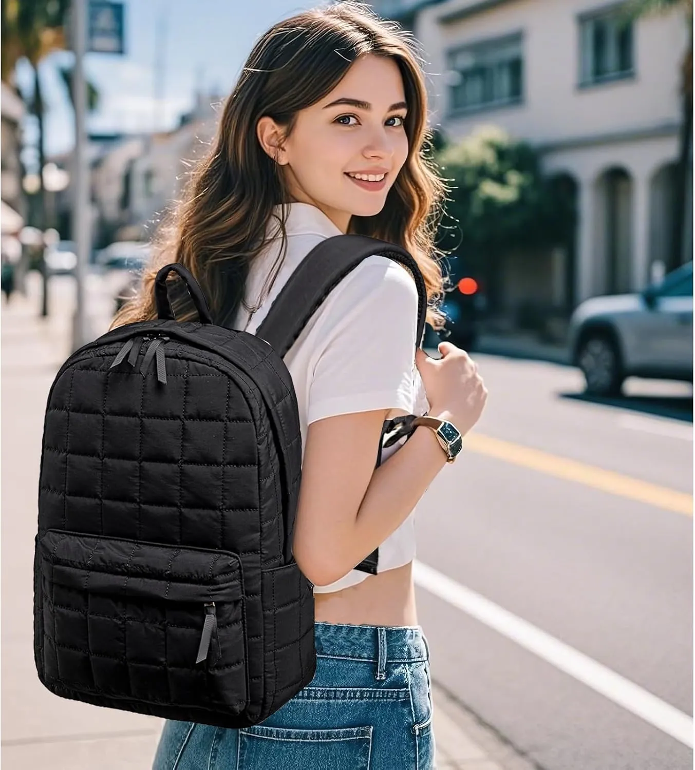 BTOOP Travel Backpack for Women Work Backpack Quilted College Backpacks for School Fit 15.6 Inch Laptop (Quilting-Black)