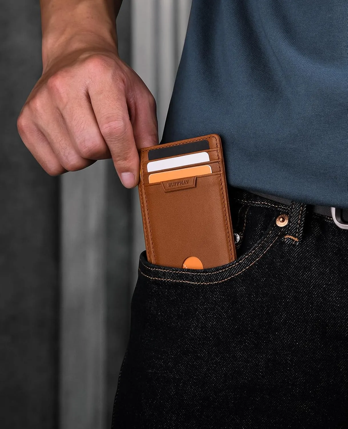 Buffway Slim Wallet for Men Women Minimalist Small Leather Front Pocket Wallets with RFID Blocking and Gifts Box - Bassa Brown