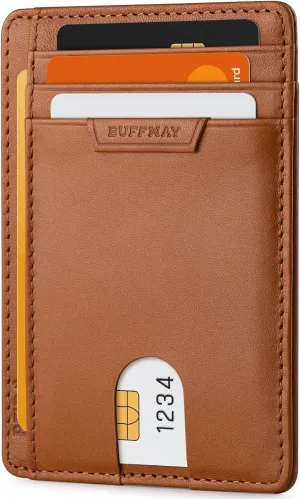 Buffway Slim Wallet for Men Women Minimalist Small Leather Front Pocket Wallets with RFID Blocking and Gifts Box - Bassa Brown