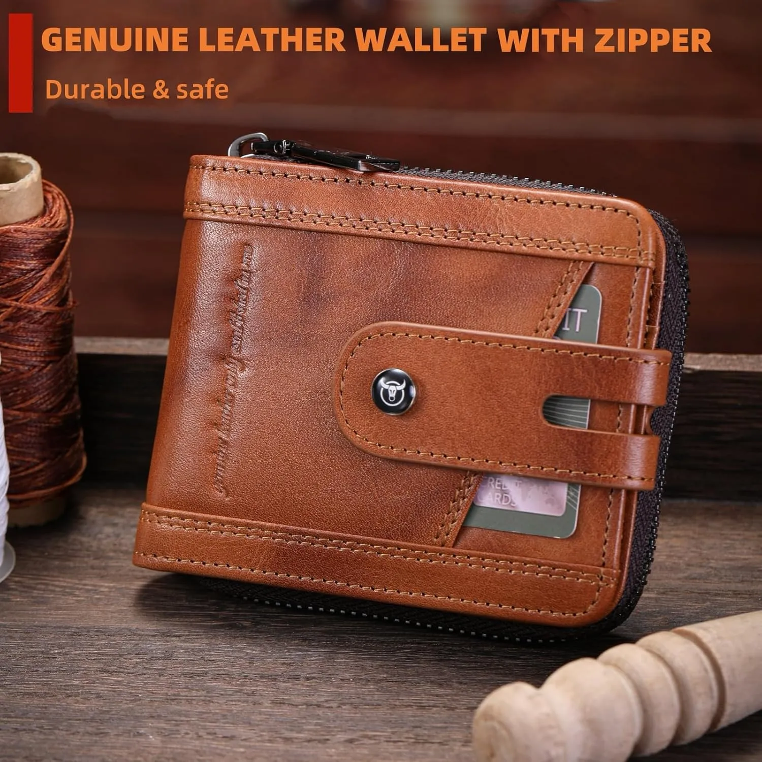 BULLCAPTAIN Genuine Leather Men's Wallet with Zipper Vintage RFID Blocking Large Capacity Wallet for Men with 14 Credit Card Slots and 1 ID Window T23 (Brown)