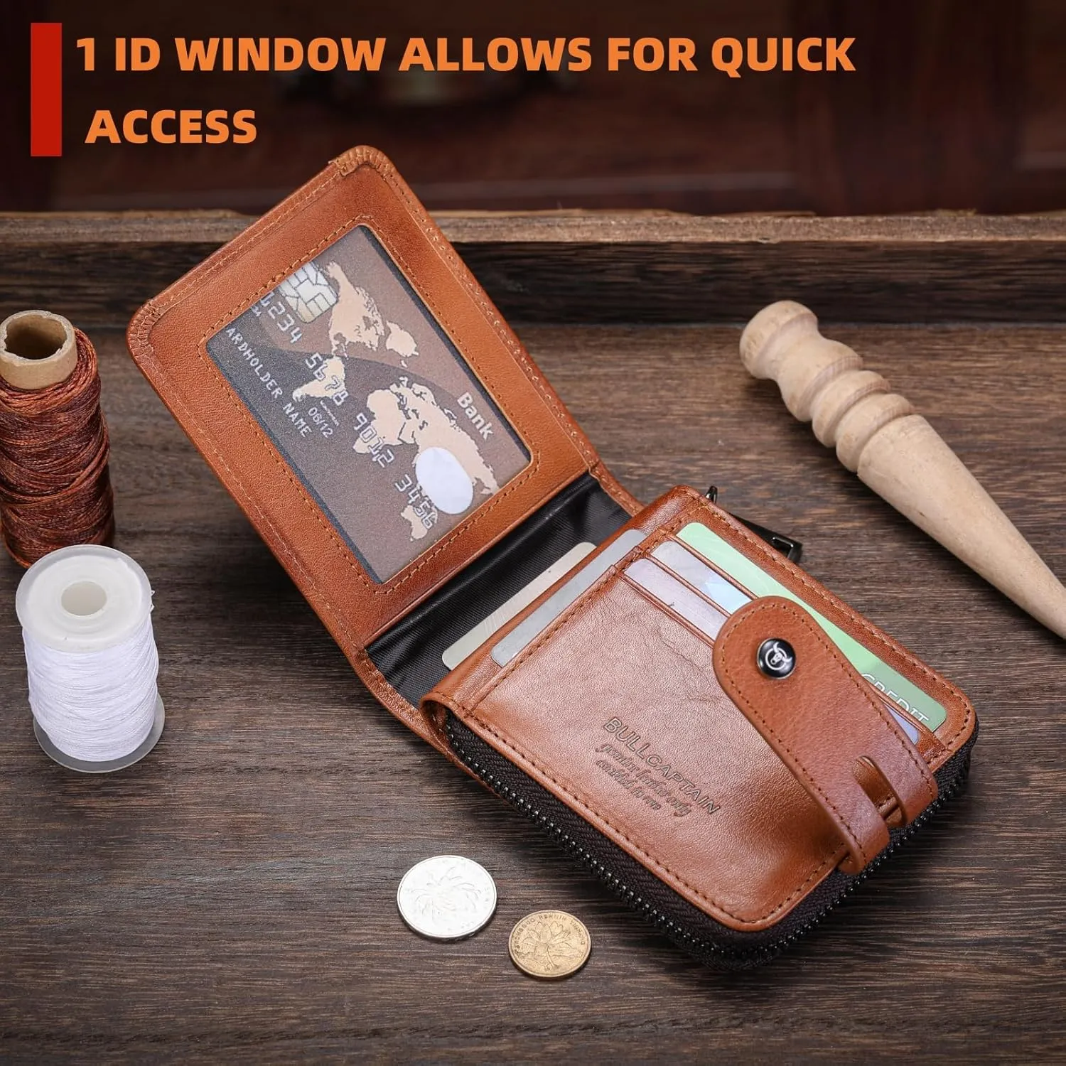 BULLCAPTAIN Genuine Leather Men's Wallet with Zipper Vintage RFID Blocking Large Capacity Wallet for Men with 14 Credit Card Slots and 1 ID Window T23 (Brown)