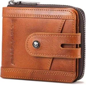 BULLCAPTAIN Genuine Leather Men's Wallet with Zipper Vintage RFID Blocking Large Capacity Wallet for Men with 14 Credit Card Slots and 1 ID Window T23 (Brown)
