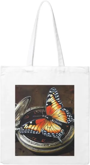 (Butterfly Clocks) Reusable Canvas Tote Bag For Women Shoulder Bag For Shopping Grocery Beach Travel Work