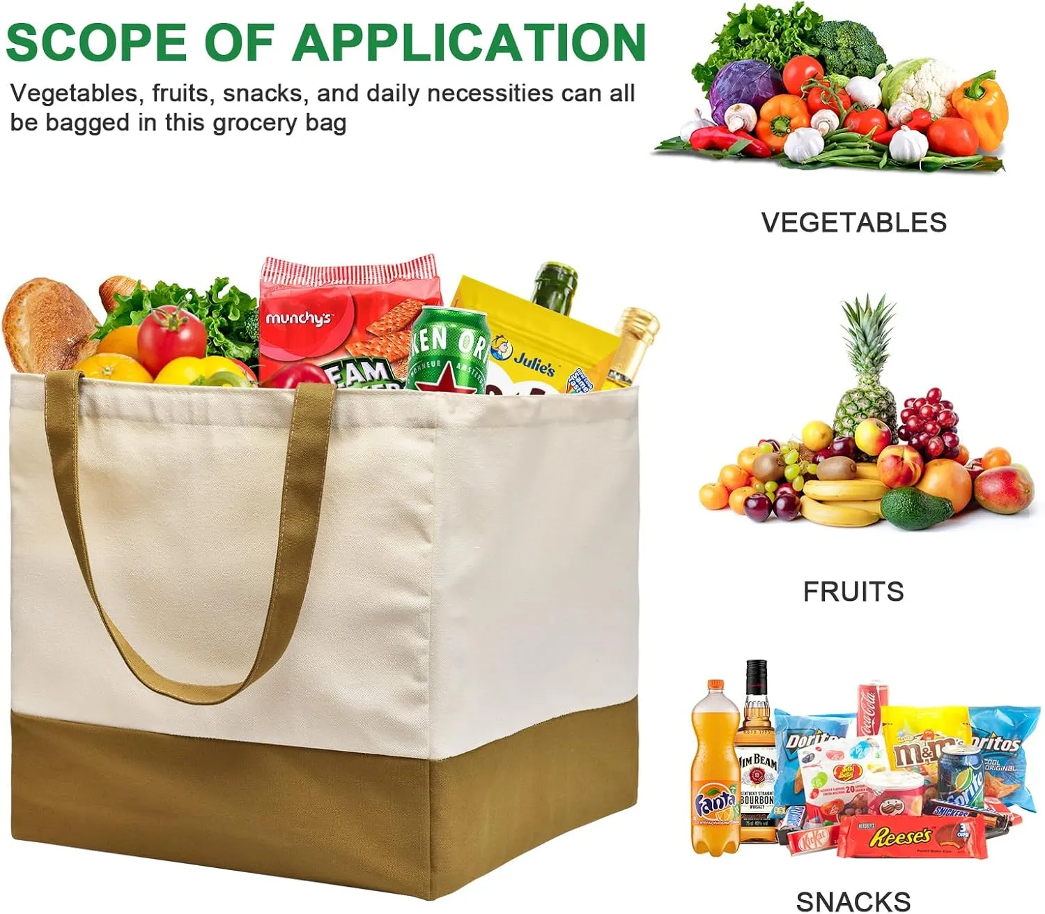 Canvas Reusable Grocery Bags Heavy Duty, 8.3 gal Foldable Large Canvas Tote Bag with Handles, Holds 60 lbs Canvas Shopping Bags & Washable Eco-friendly Bags with 5 Pockets, camel Off white 1 Bags
