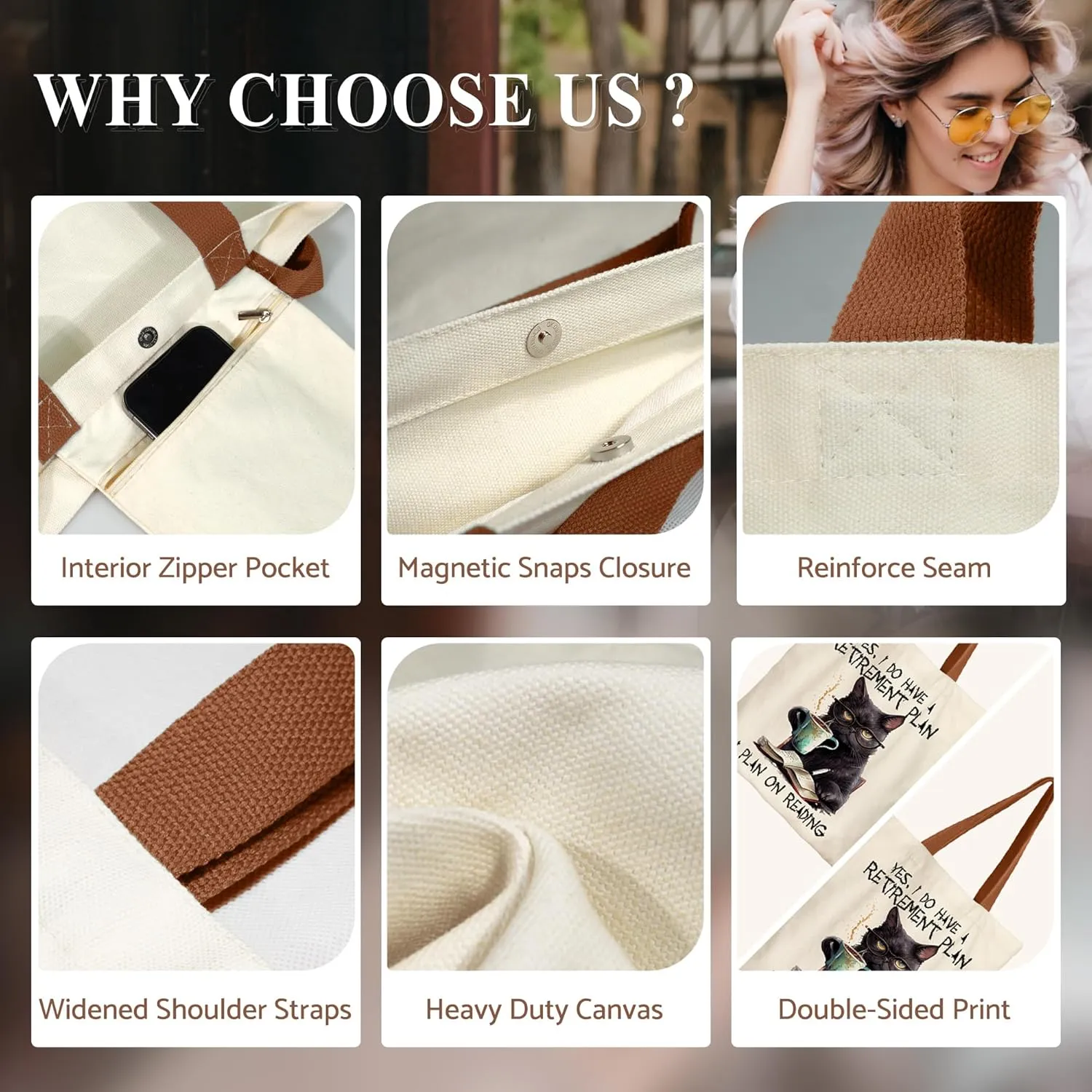 Canvas Tote Bag Aesthetic for Women, Cute Tote Bag with Zipper Pocket, Heavy Duty Reusable Shopping Bags for Grocery