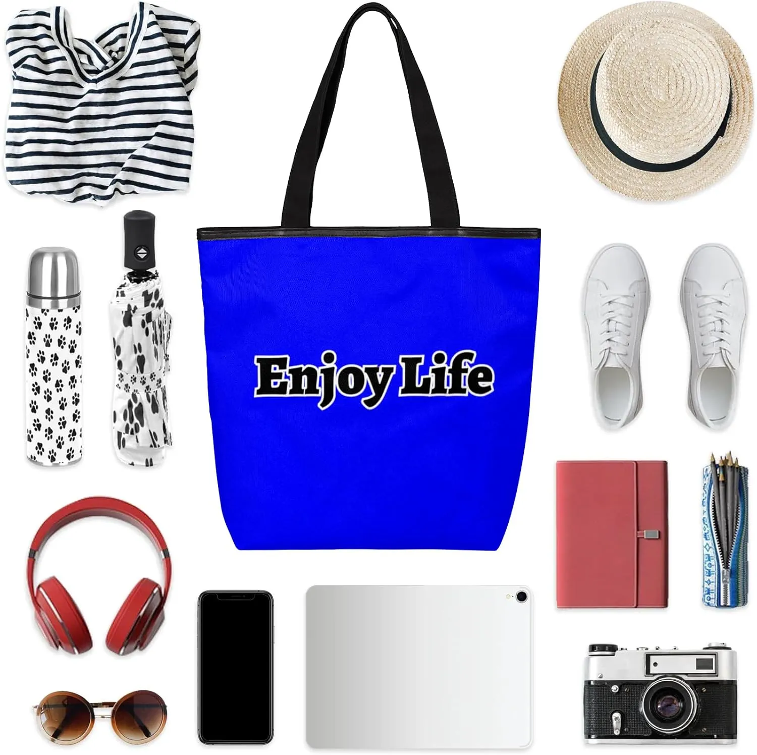 Canvas Tote Bag for Women Men Enjoy Life, Grey Canvas Handbag Shoulder Tote Bag