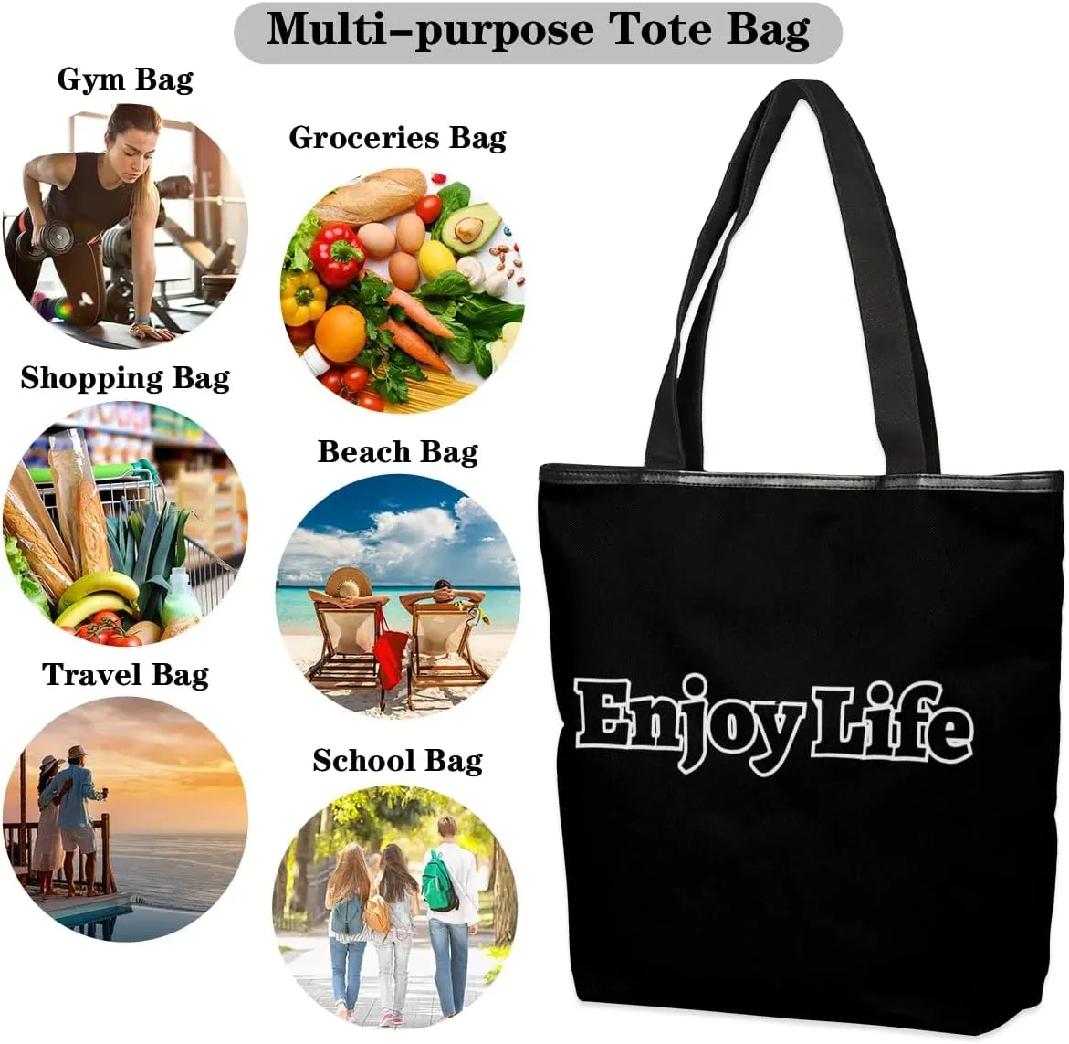 Canvas Tote Bag for Women Men Enjoy Life, Grey Canvas Handbag Shoulder Tote Bag