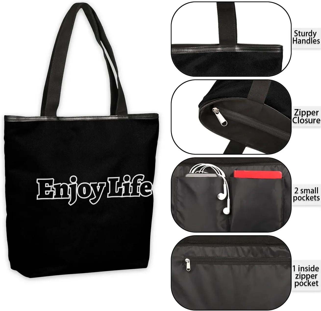 Canvas Tote Bag for Women Men Enjoy Life, Grey Canvas Handbag Shoulder Tote Bag