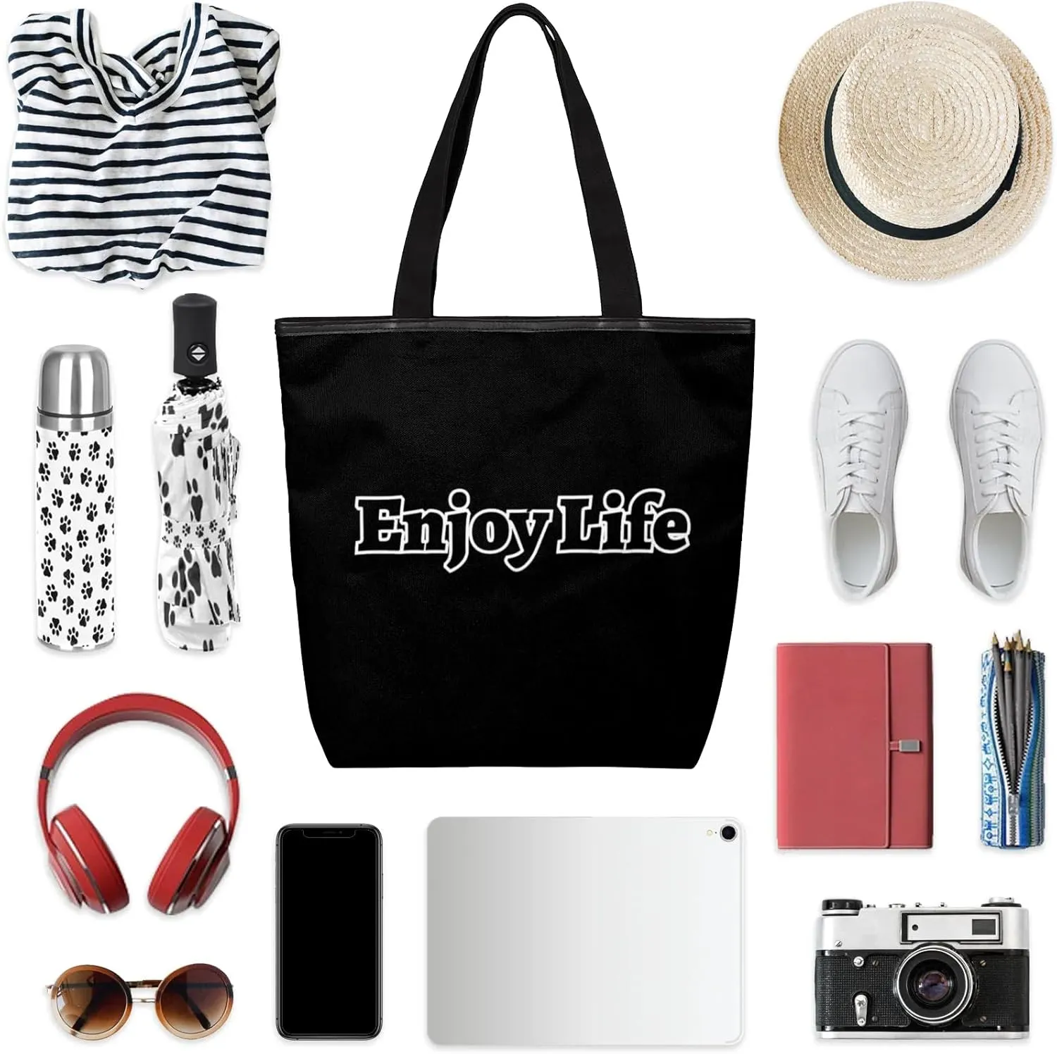 Canvas Tote Bag for Women Men Enjoy Life, Grey Canvas Handbag Shoulder Tote Bag