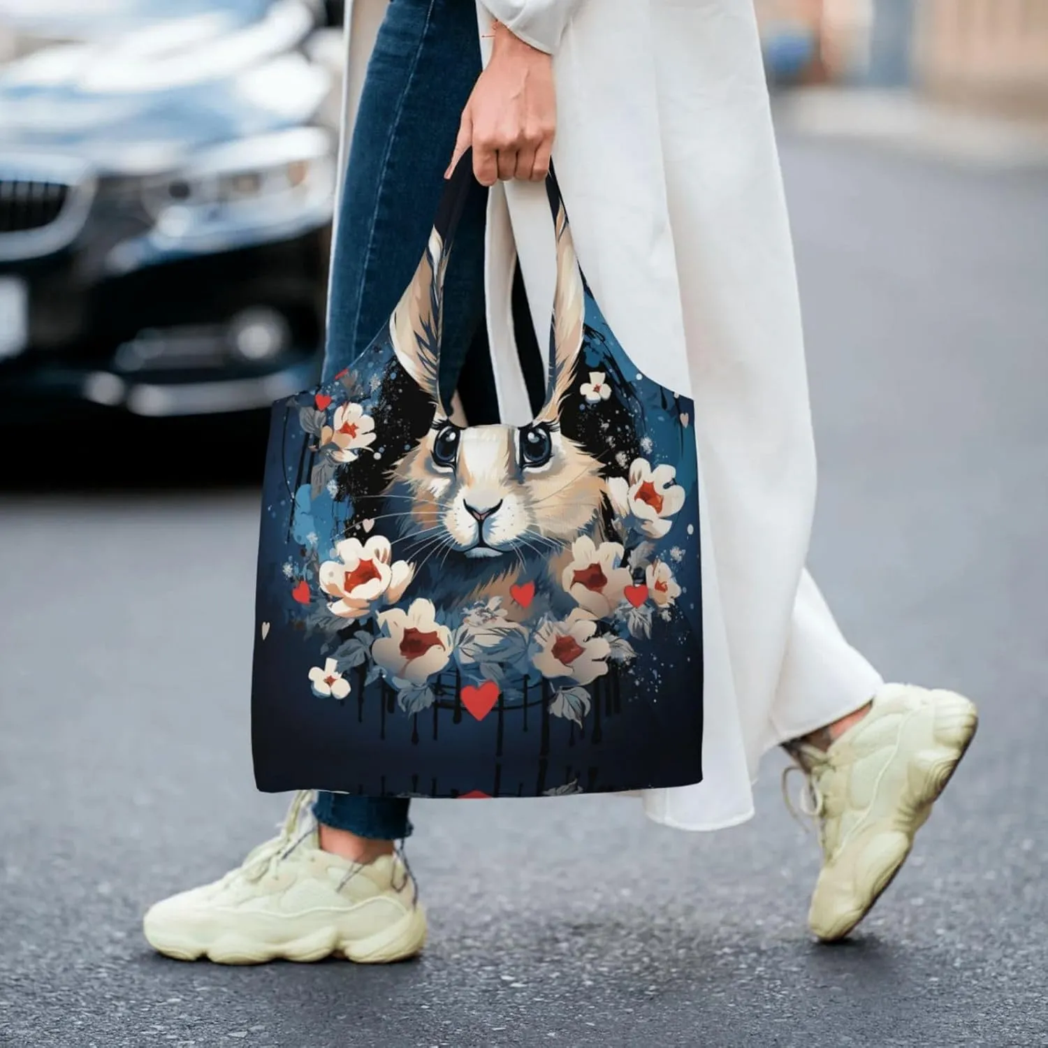 Canvas Tote Bag Lightweight Reusable Grocery Shopping Bag Blue and White Flowers Handbag for Women Men