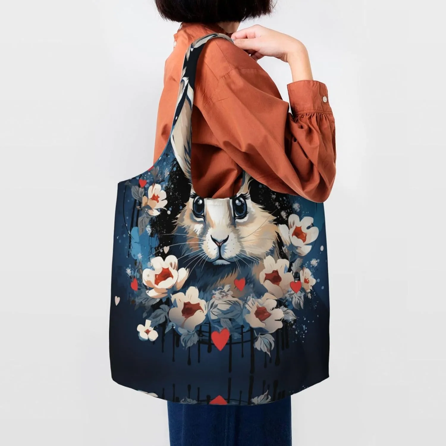 Canvas Tote Bag Lightweight Reusable Grocery Shopping Bag Blue and White Flowers Handbag for Women Men