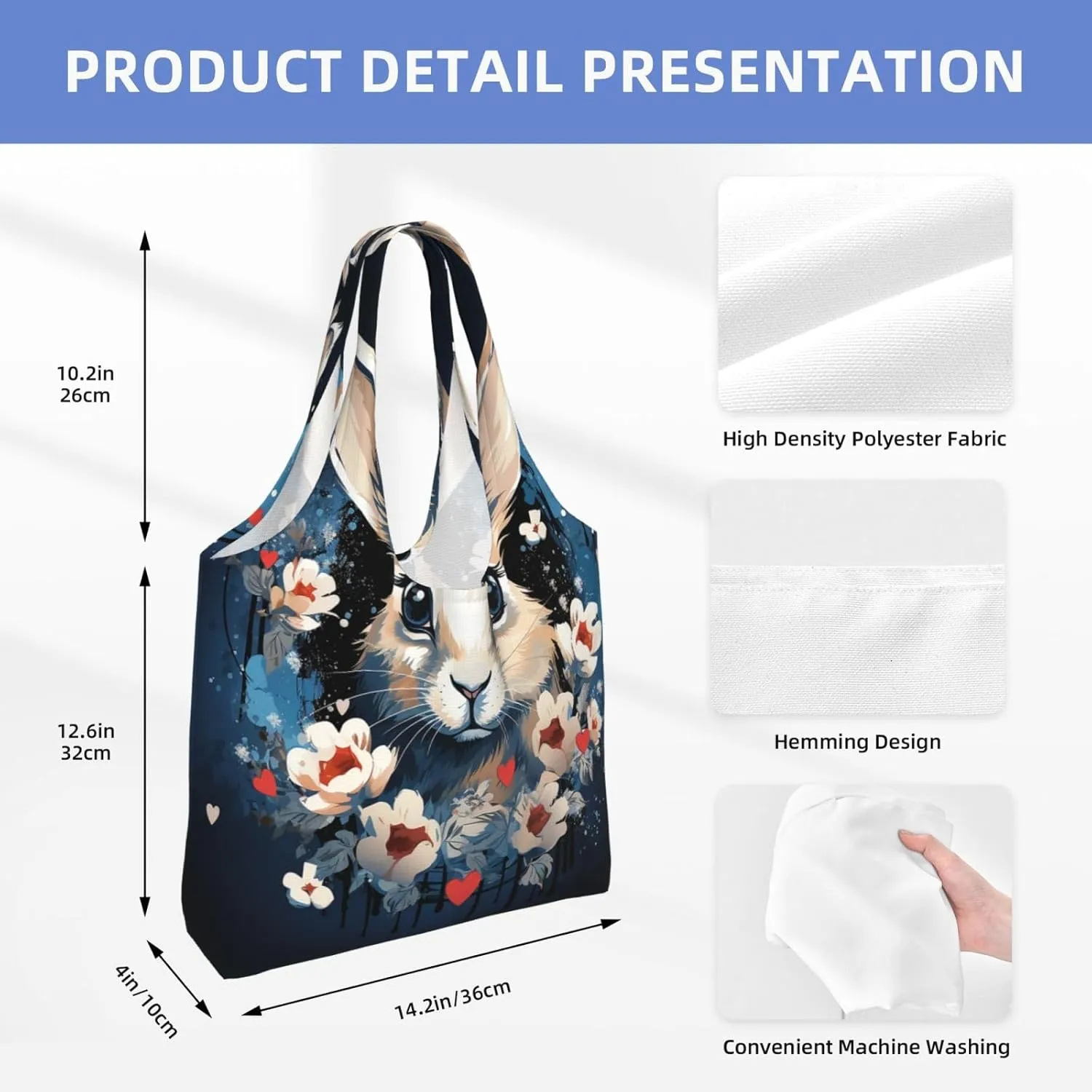 Canvas Tote Bag Lightweight Reusable Grocery Shopping Bag Blue and White Flowers Handbag for Women Men