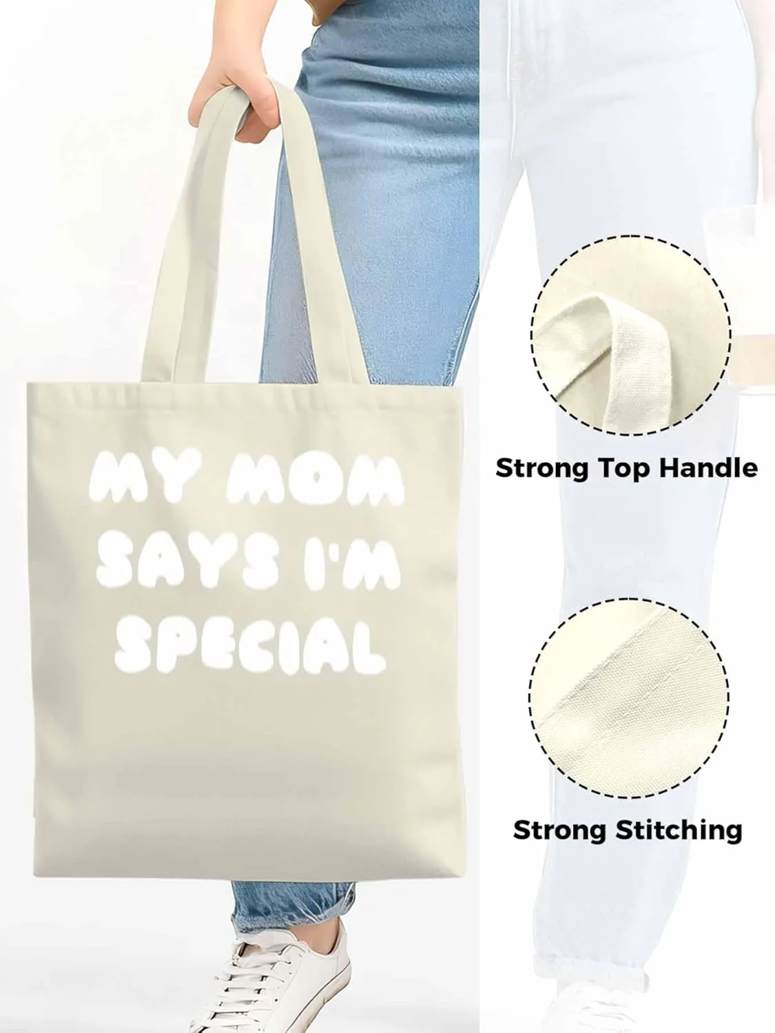 Canvas Tote Bag My Mom Says I'm Special Reusable Grocery Shopping Bags with Handle, Funny Words Large Canvas