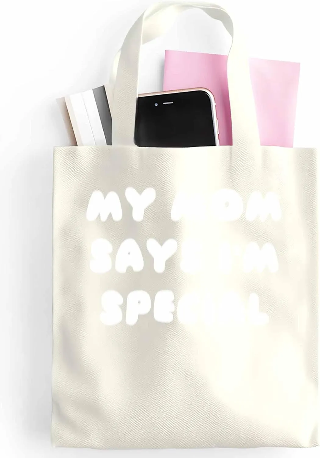 Canvas Tote Bag My Mom Says I'm Special Reusable Grocery Shopping Bags with Handle, Funny Words Large Canvas