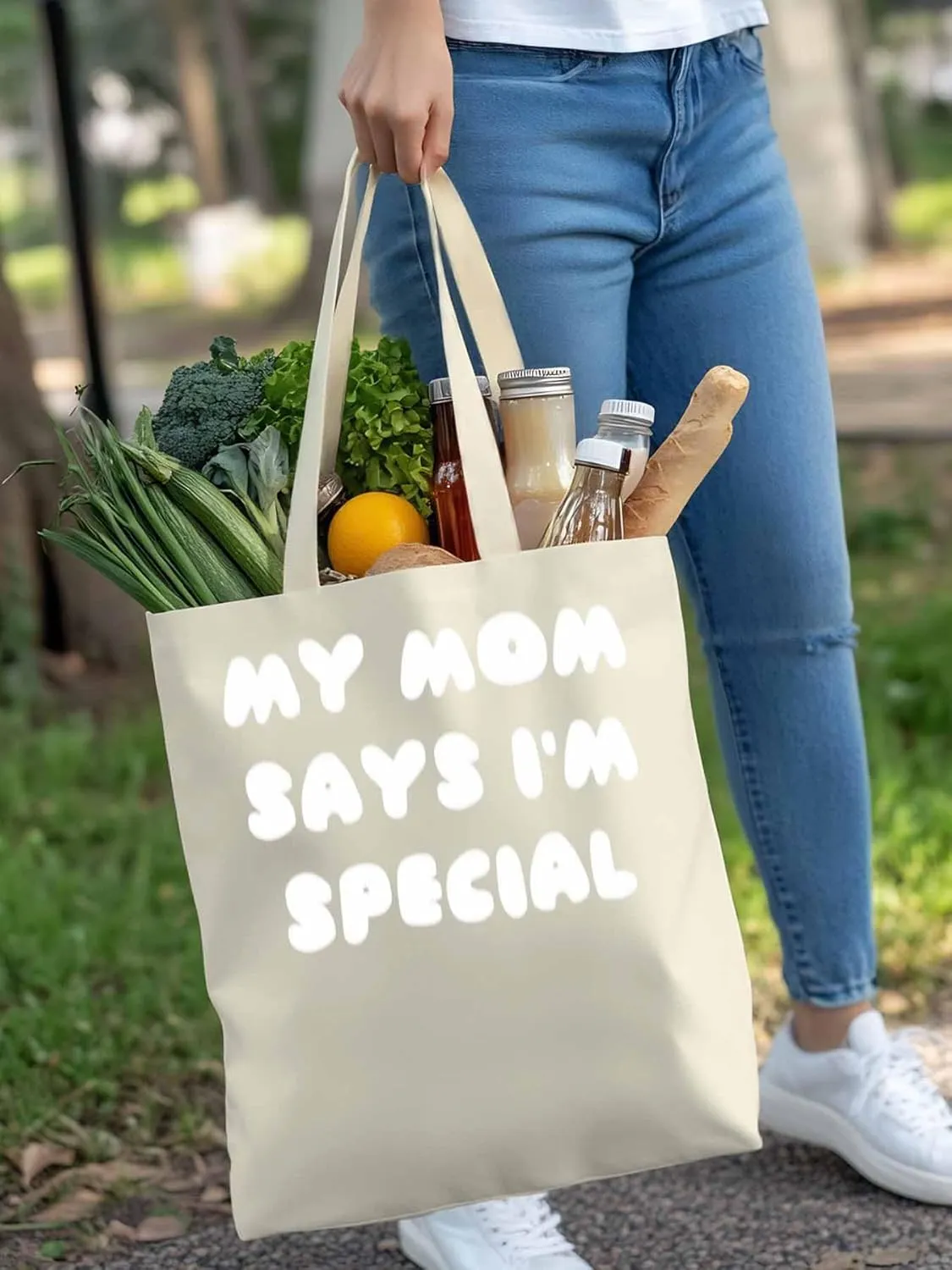 Canvas Tote Bag My Mom Says I'm Special Reusable Grocery Shopping Bags with Handle, Funny Words Large Canvas