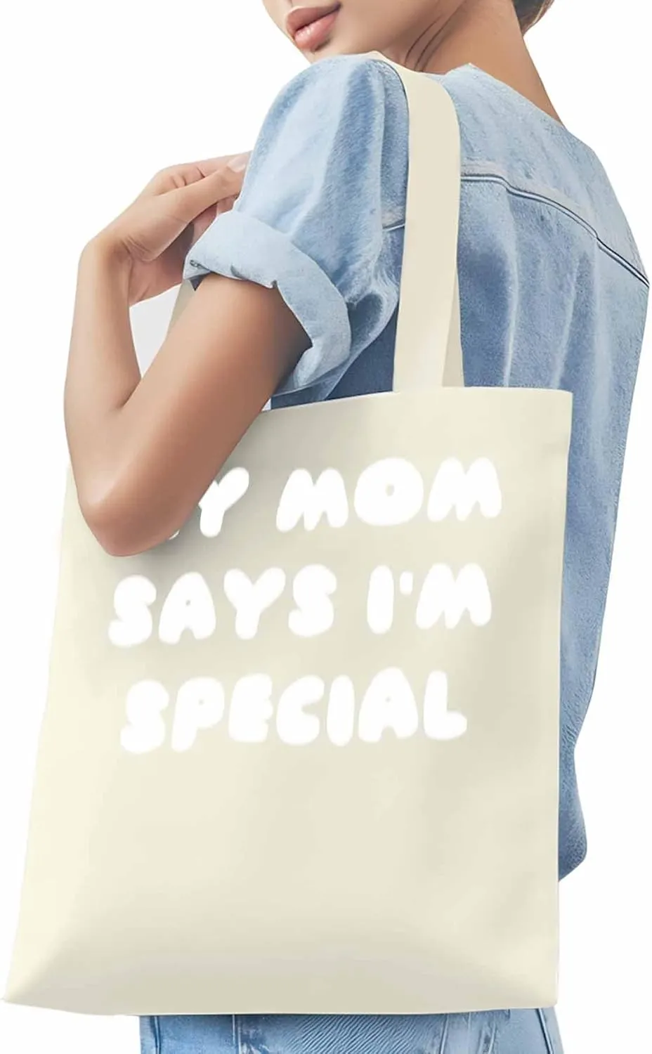 Canvas Tote Bag My Mom Says I'm Special Reusable Grocery Shopping Bags with Handle, Funny Words Large Canvas