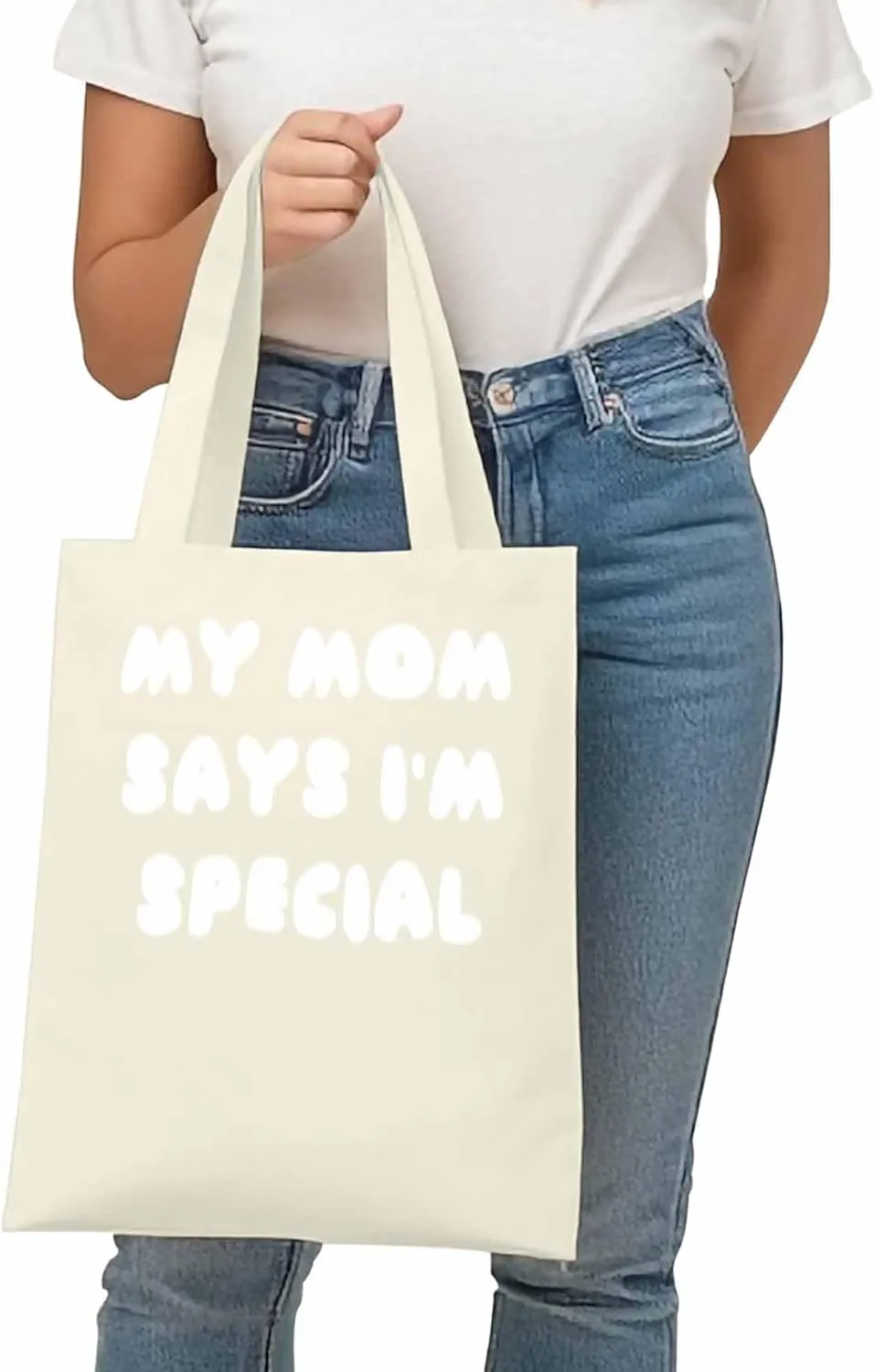 Canvas Tote Bag My Mom Says I'm Special Reusable Grocery Shopping Bags with Handle, Funny Words Large Canvas