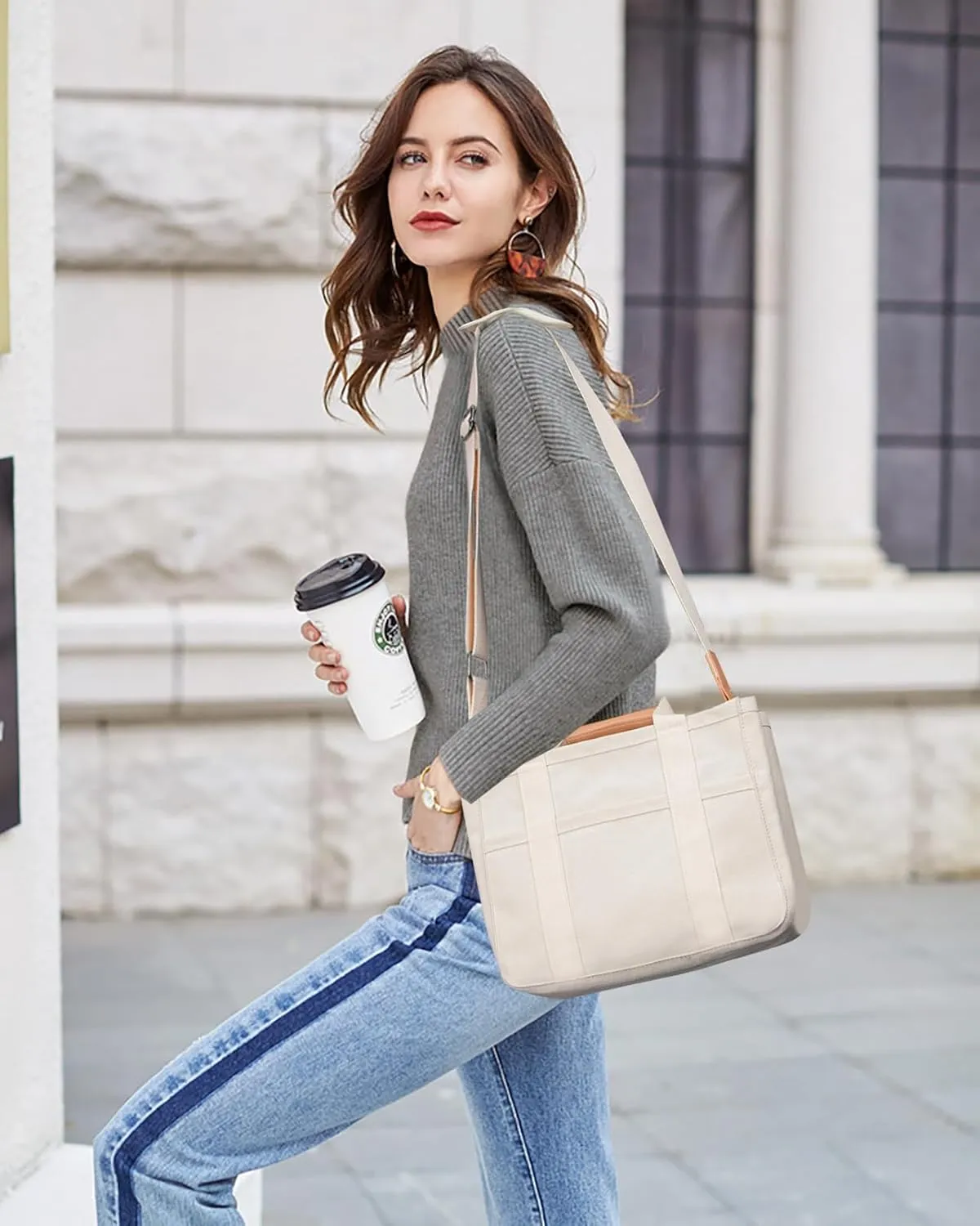 Canvas Tote Bag with Multi-Pocket for Women Large Crossbody Shoulder Handbag Everything Tote Bag with Compartments